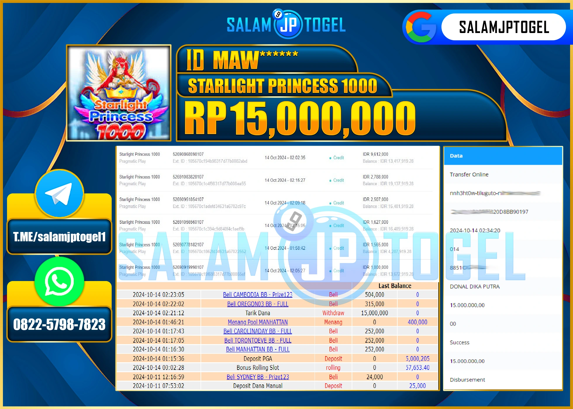 SALAMJPTOGEL MENANG SLOT STARLIGHT PRINCESS 1000 RP. 15,000,000 LUNAS