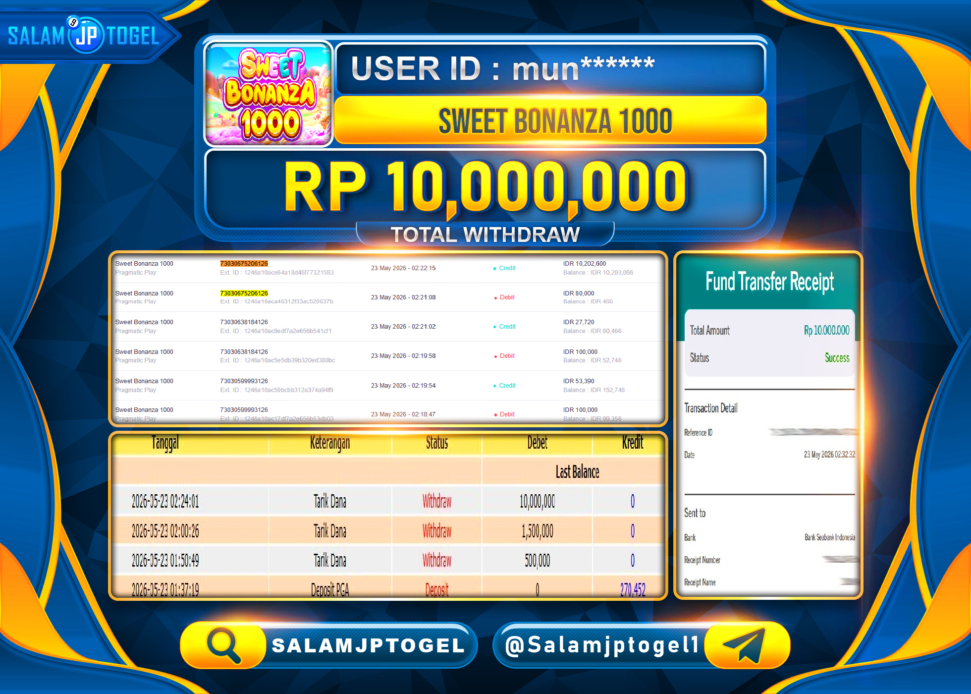 SALAMJPTOGEL JACKPOT MENANG SLOT SWEET BONANZA 1000 Rp.10,000,000 - LUNAS
