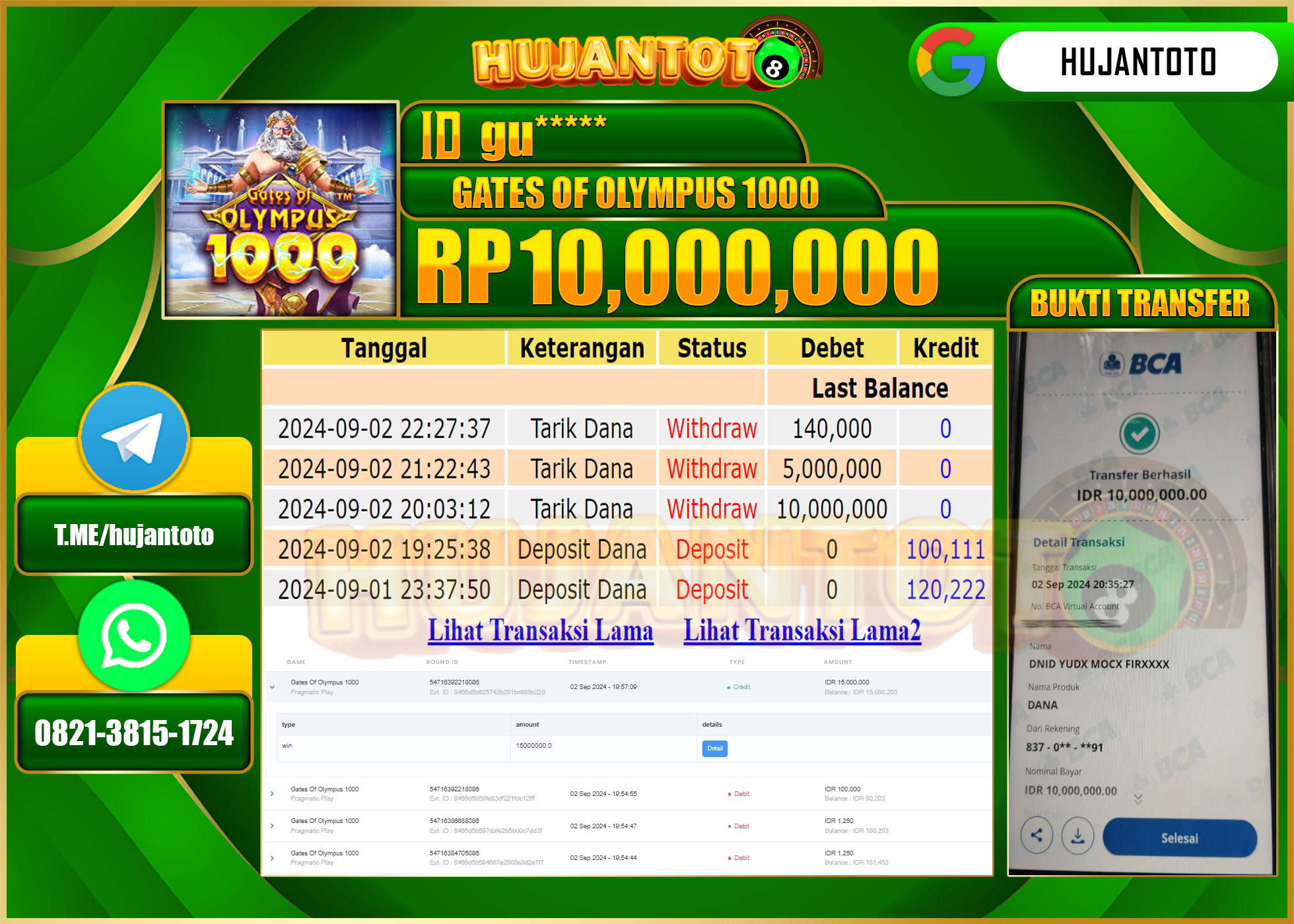 HUJANTOTO MENANG BESAR DI PERMAINAN GATES OF OLYMPUS 1000, 10,000.000 - LUNAS 