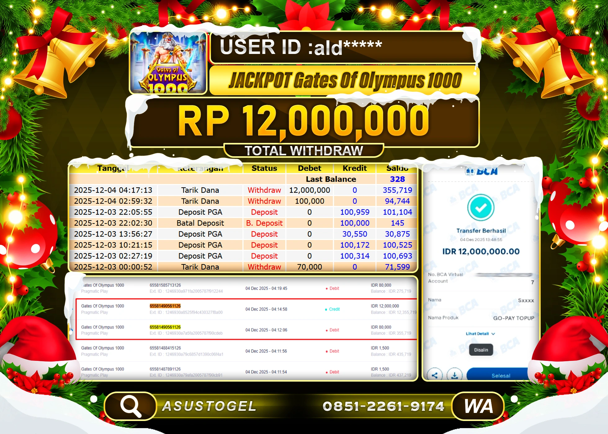 ASUSTOGEL KEMENANGAN DI GATES OF OLYMPUS 1000 SEBESAR 12,000,000 - RUPIAH LUNAS