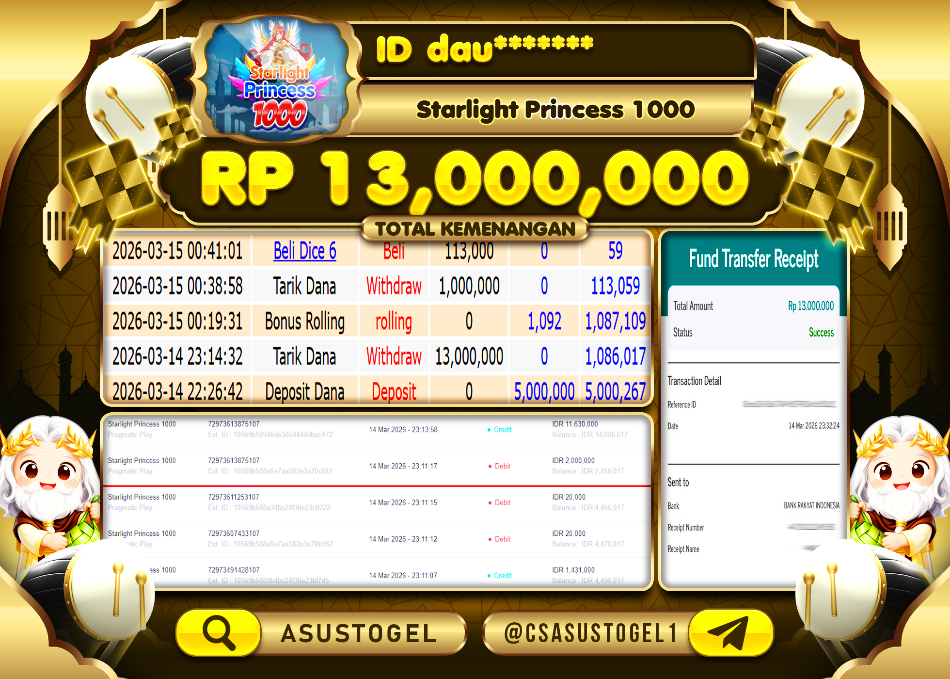 ASUSTOGEL KEMENANGAN DI STARLIGHT PRINCES 1000 PRAGMATIC 13,000,000 - RUPIAH LUNAS