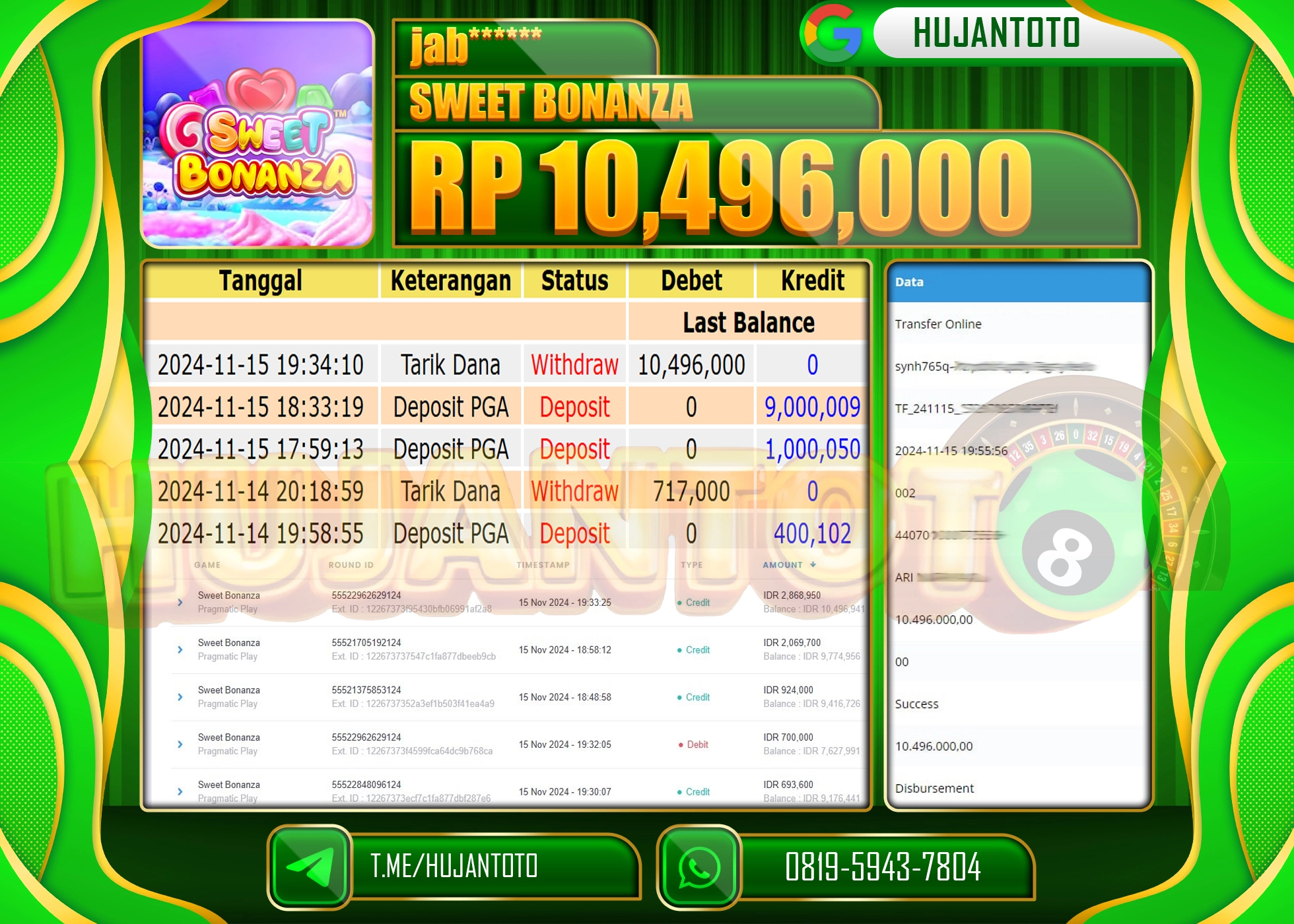 HUJANTOTO MENANG DI RAIH DI PERMAINAN SLOT  SWEET BONANZA SEBESAR - 10,496,000 - LUNAS