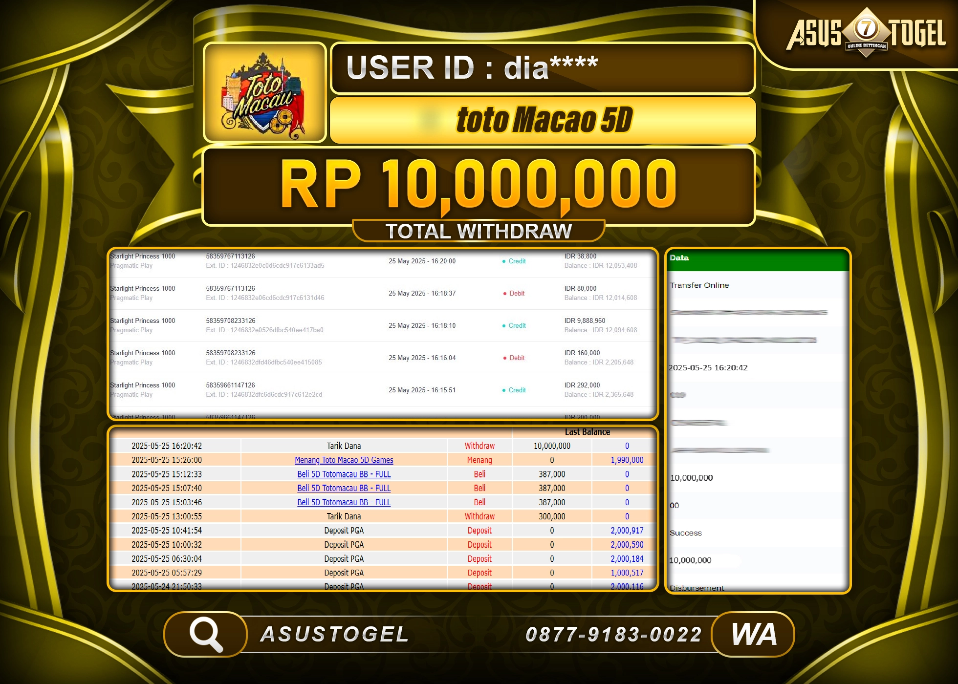  ASUSTOGEL KEMENANGAN DI TOGEL TOTO MACAO 5D SEBESAR 10,000,000- RUPIAH LUNAS