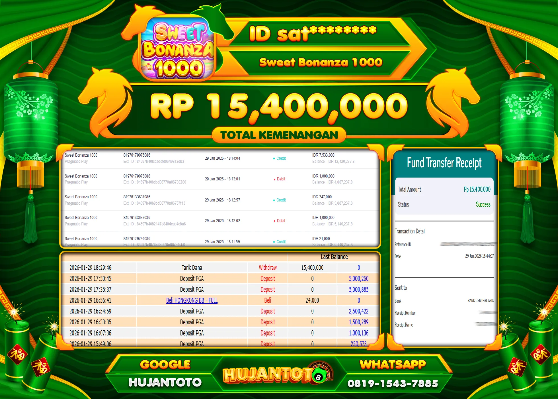 HUJANTOTO - BUKTI JACKPOT MENANG SLOT SWEET BONANZA 1000 Rp.15,400,000 - TERBAYAR LUNAS