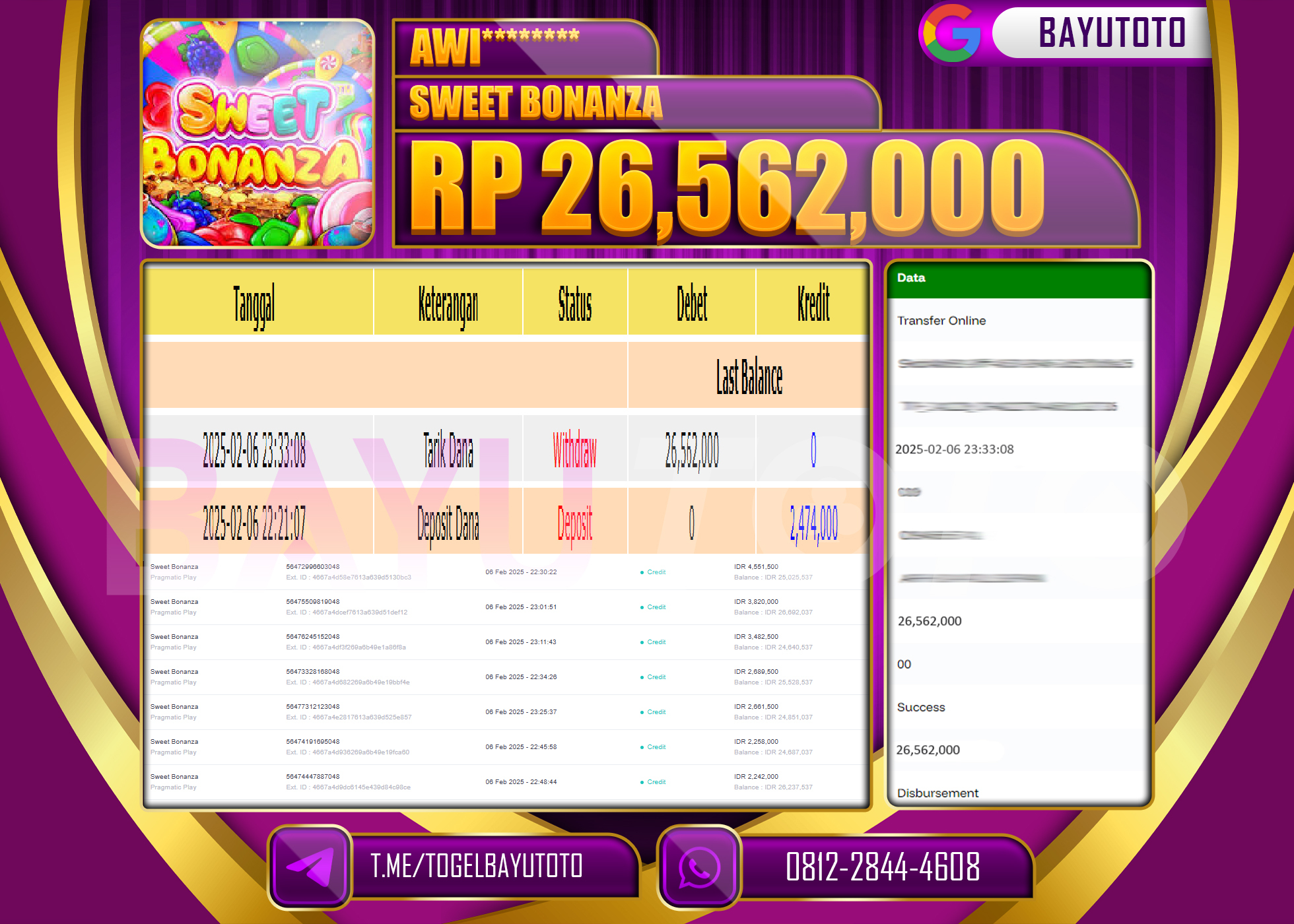 BAYUTOTO JACKPOT DI SLOT SWEET BONANZA  Rp.26.562.000 LUNAS