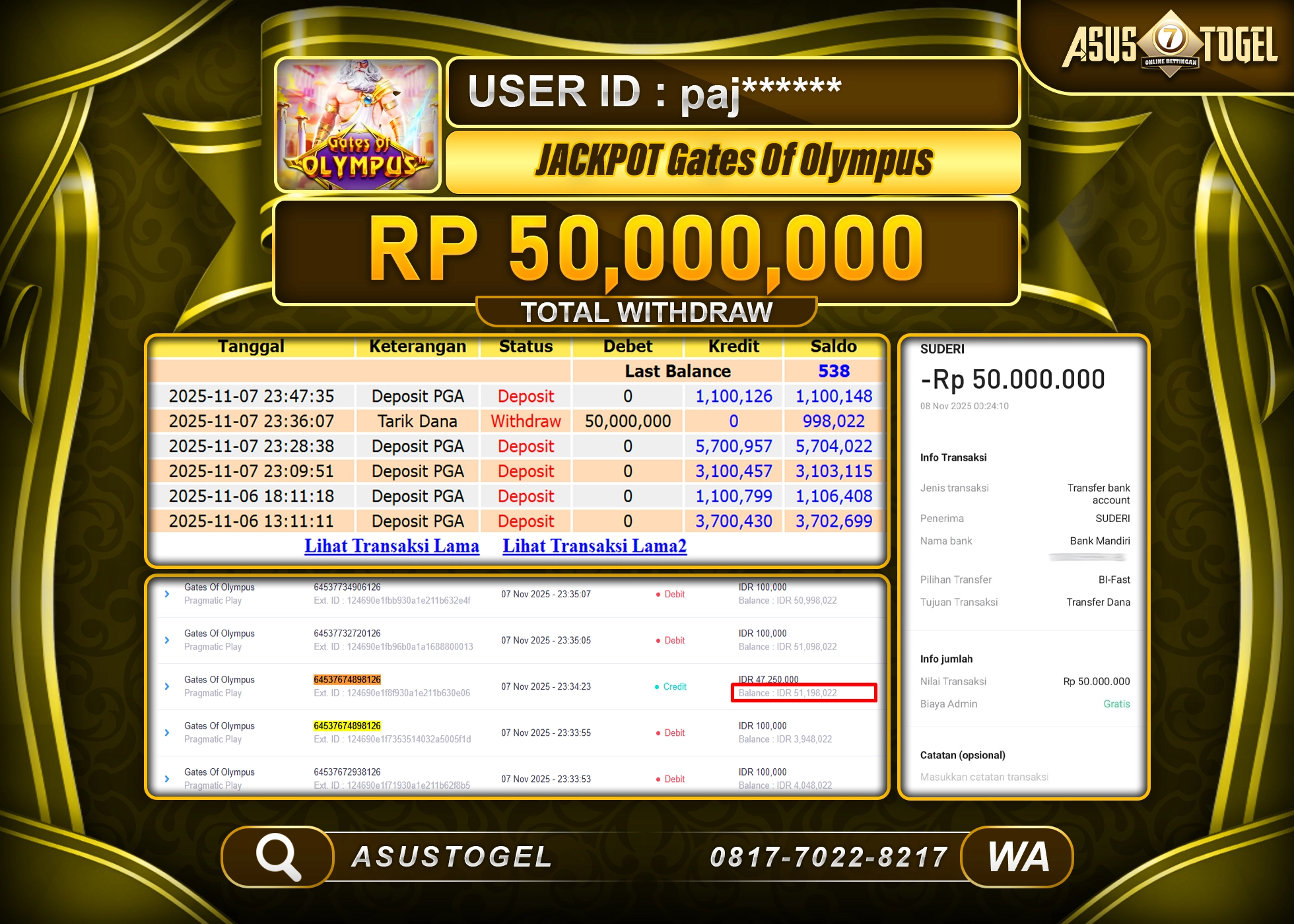 ASUSTOGEL KEMENANGAN DI SLOT GATES OF OLYMPUS SEBESAR 50,000,000 - RUPIAH LUNAS