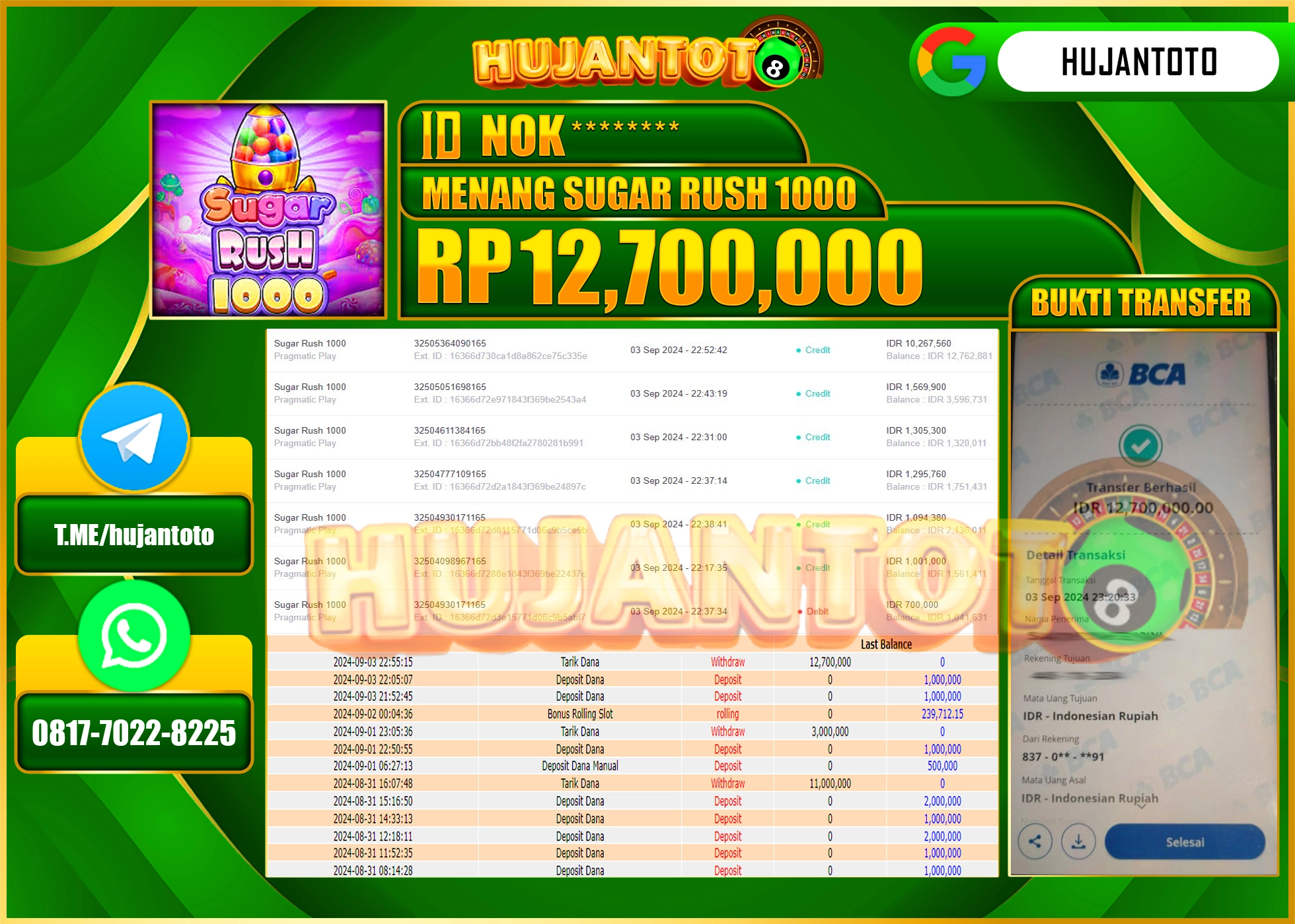 HUJANTOTO MENANG BESAR DI PERMAINAN SLOT SUGAR RUSH 1000 12.700.000 - LUNAS 