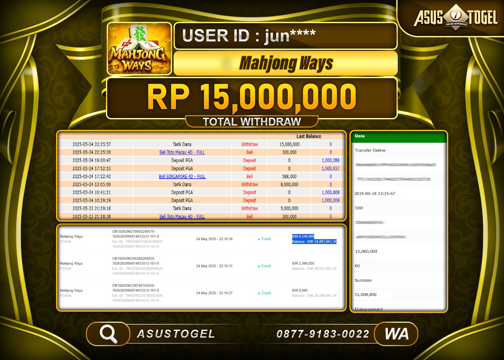  ASUSTOGEL KEMENANGAN DI SLOT MAHJONG WAYS SEBESAR 15,000,000- RUPIAH LUNAS