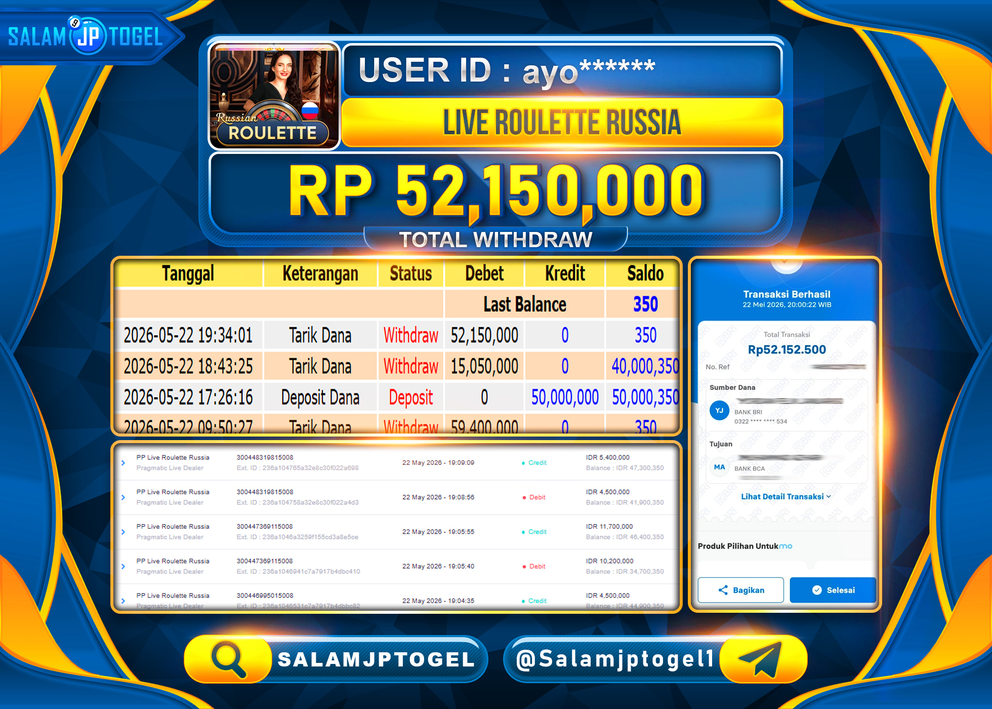 SALAMJPTOGEL JACKPOT LIVEGAMES LIVE ROLETTE RUSSIA Rp.52,150,000 - LUNAS