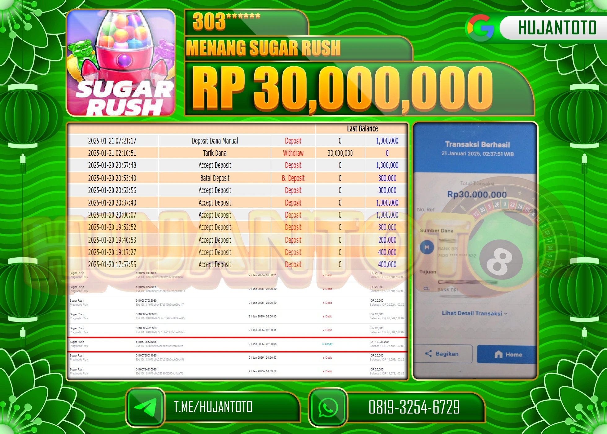 HUJANTOTO - BUKTI JACKPOT DI PERMAINAN SLOT SUGAR RUSH Rp,30,000,000 - TERBAYAR LUNAS