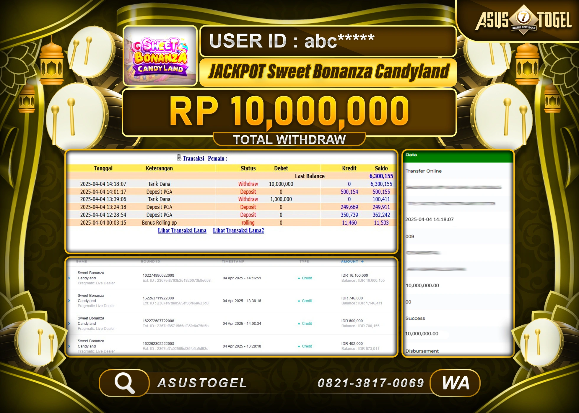 ASUSTOGEL KEMENANGAN DI SWEEET BONANZA CANDYLAND SEBESAR 10,000,000- RUPIAH LUNAS