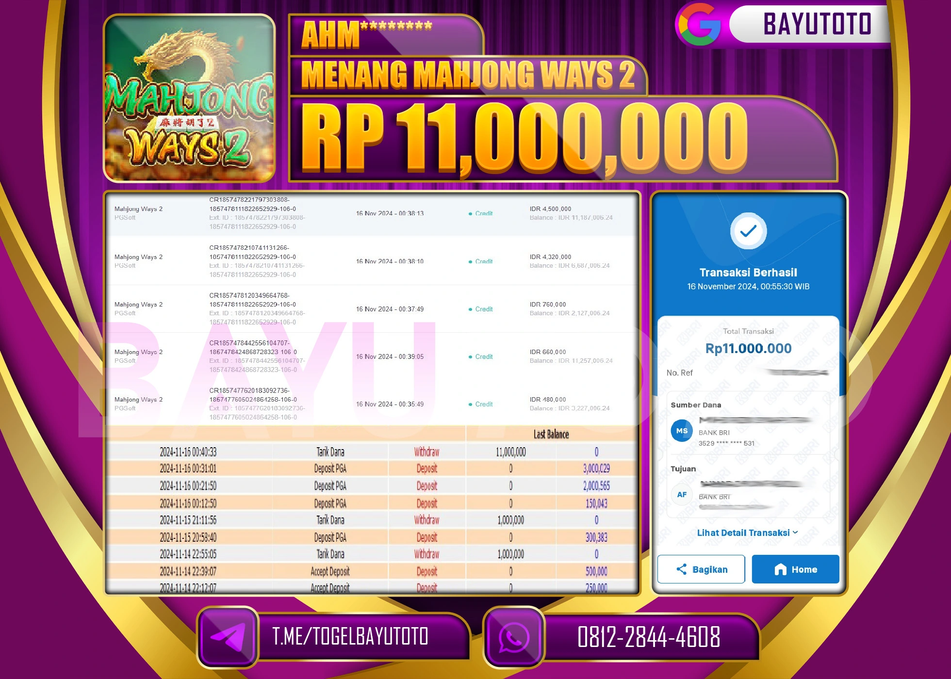 BAYUTOTO JACKPOT  DI GAME SLOT MAHJONG WAYS2  Rp.11.000.000 LUNAS