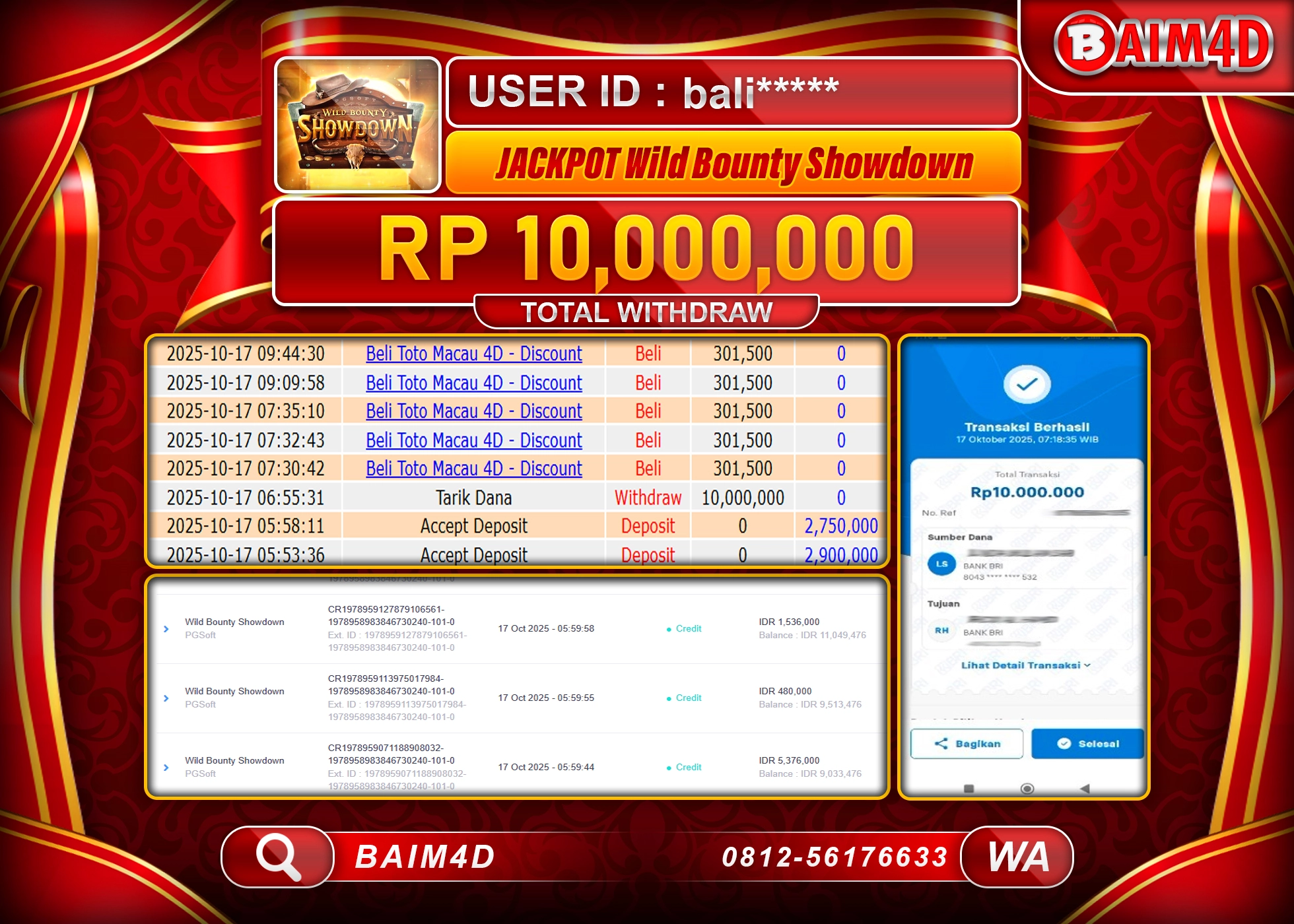BAIM4D JACKPOT SLOT WILD BOUNTY SHOWDOWN Rp.10,000,000.- LUNAS