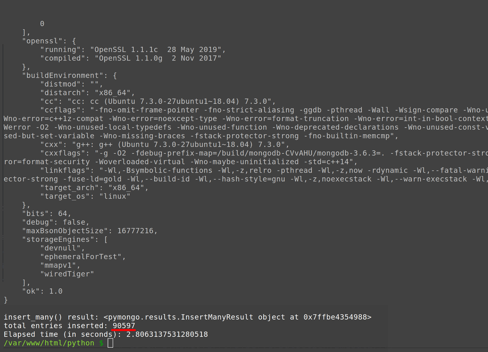 Screenshot of the Python script printing the number of MongoDB documents inserted
