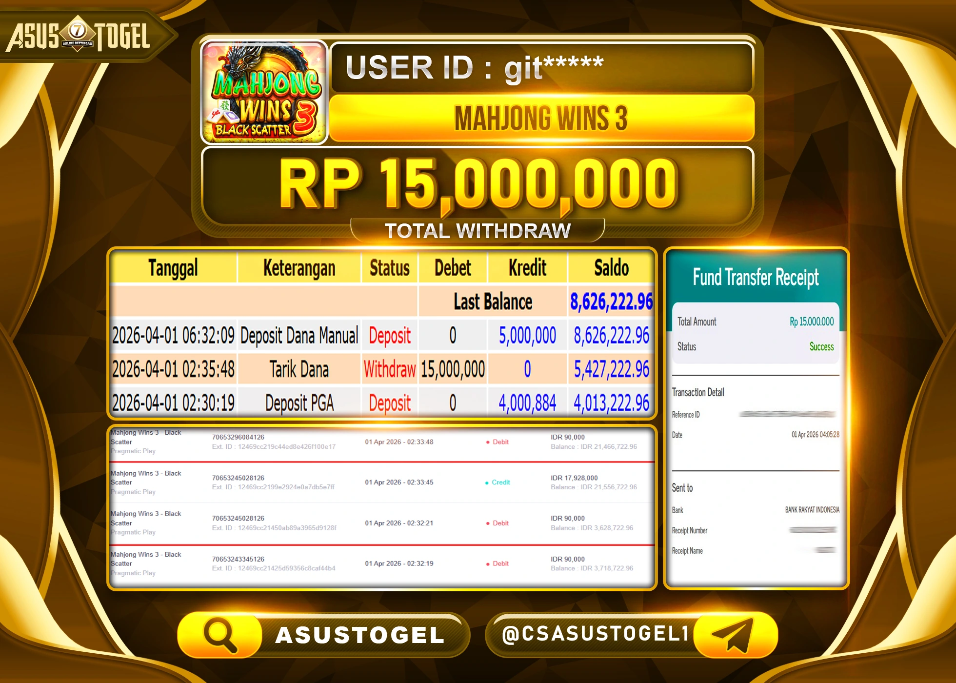 ASUSTOGEL KEMENANGAN JACKPOT DI PERMAINAN MAHJONG WINS 3 SEBESAR Rp.15,0000,000 - RUPIAH LUNAS