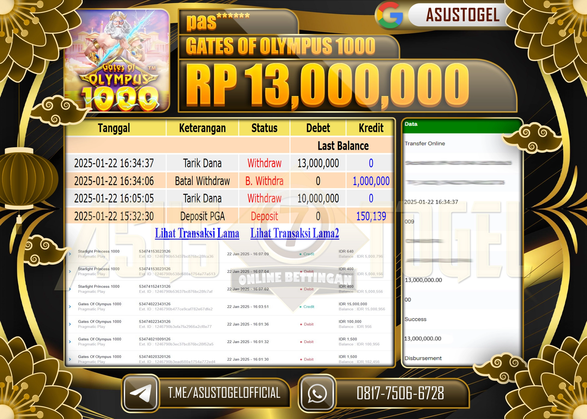 ASUSTOGEL KEMENANGAN DI SLOT GATES OF OLYMPUS 1000 SEBESAR 13.000.000 - RUPIAH LUNAS