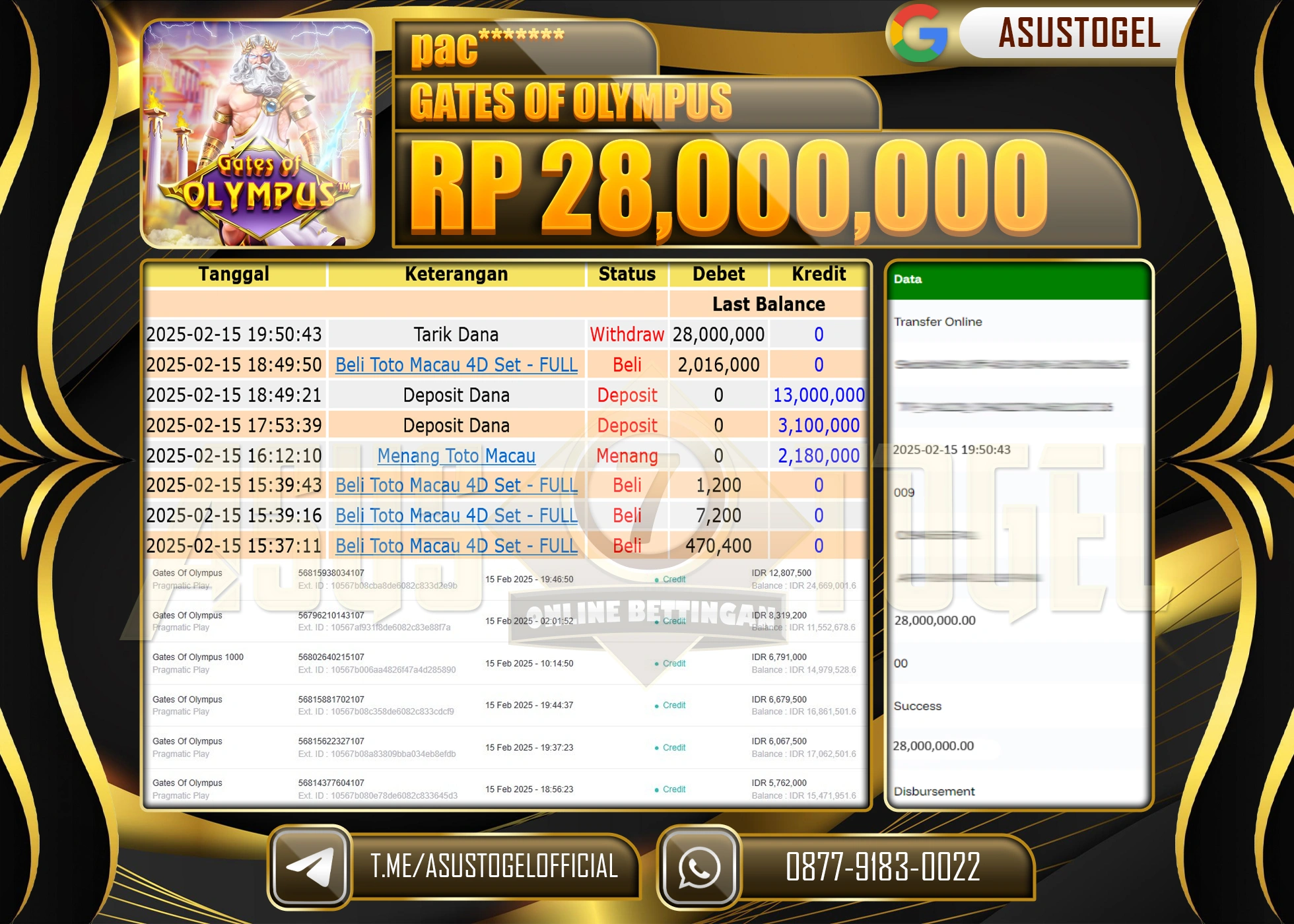 ASUSTOGEL KEMENANGAN DI GATES OF OLYMPUS  SEBESAR 28.000.000 - RUPIAH LUNAS