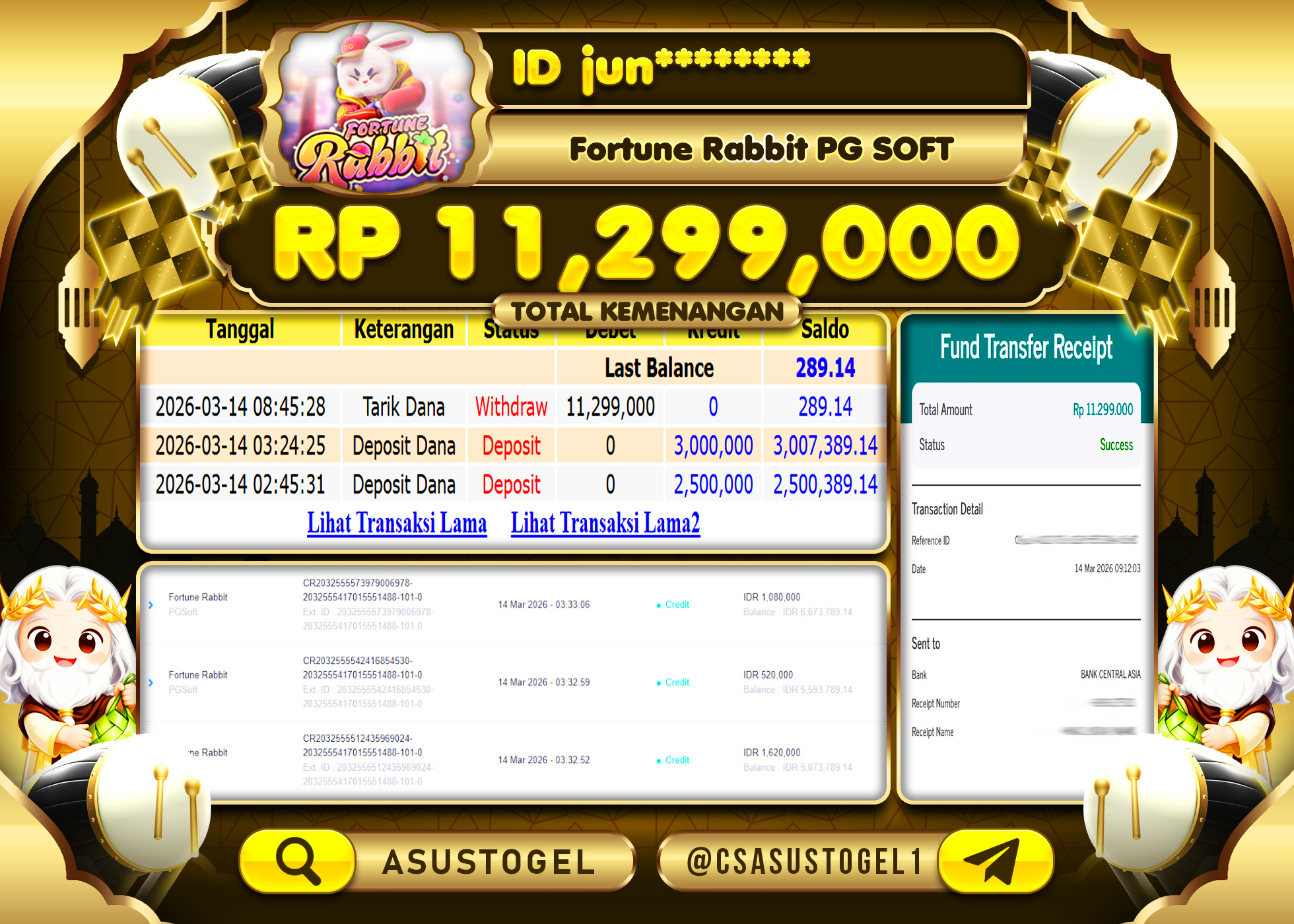 ASUSTOGEL KEMENANGAN DI SLOT FORTUNE RABBIT PG SOFT 11,299,000 - RUPIAH LUNAS