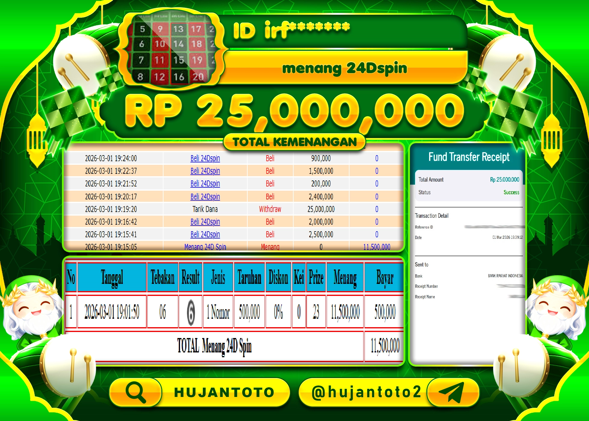 HUJANTOTO - BUKTI JACKPOT MENANG LIVEGAMES 24 DSPIN Rp.25,000,000 - TERBAYAR LUNAS
