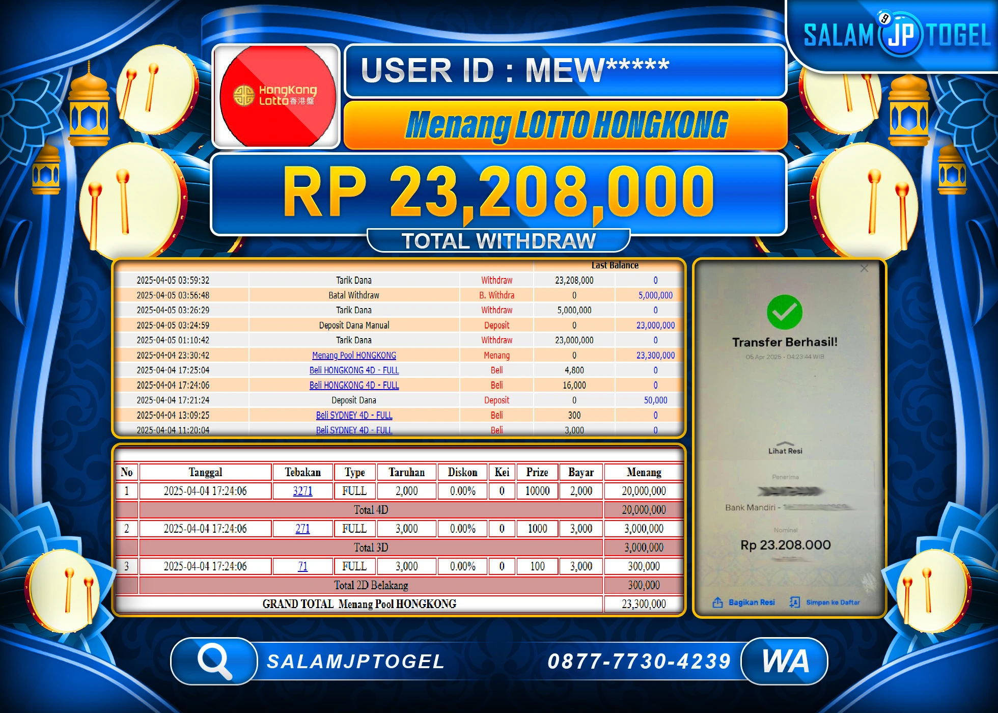 SALAMJPTOGEL MENANG LOTTO HONGKONG Rp. 23,208,000 LUNAS