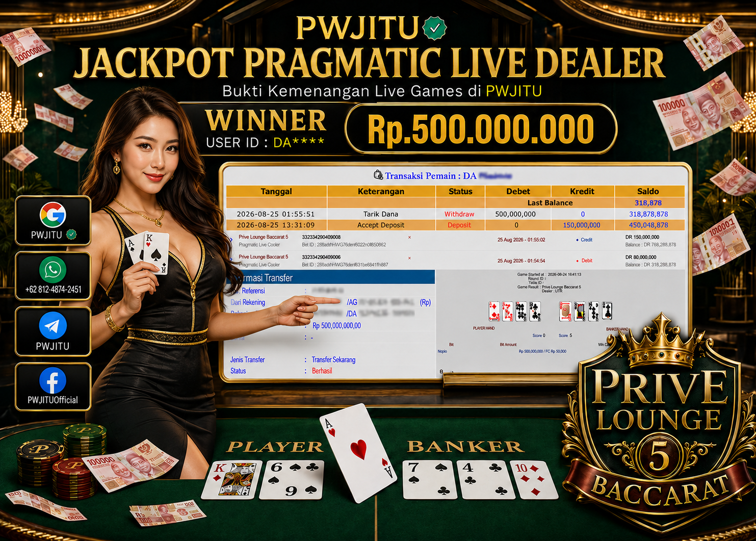 PWJITU Pragmatic Play Live Casino PRIVE LOUNGE 5 BACCARAT  Rp500.000.000,- LUNAS