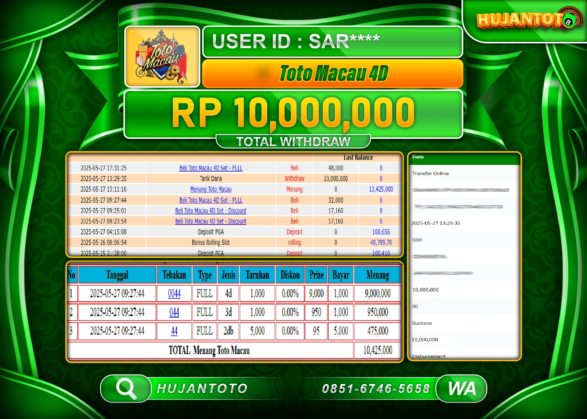 HUJANTOTO - BUKTI JACKPOT MENANG TOGEL TOTO MACAU 4D Rp.10,000,000 - TERBAYAR LUNAS