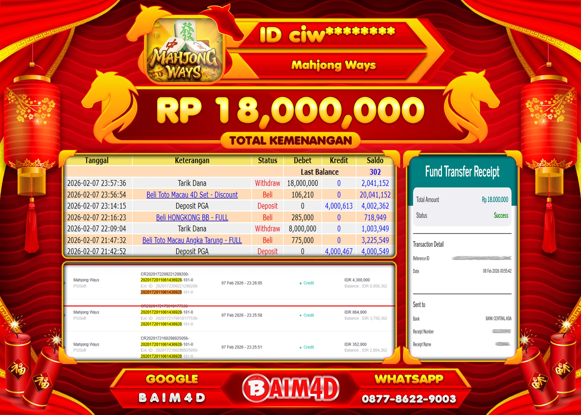 BAIM4D JACKPOT  SLOT MAHJONG WAYS PG SOFT Rp.18,000,000 - LUNAS