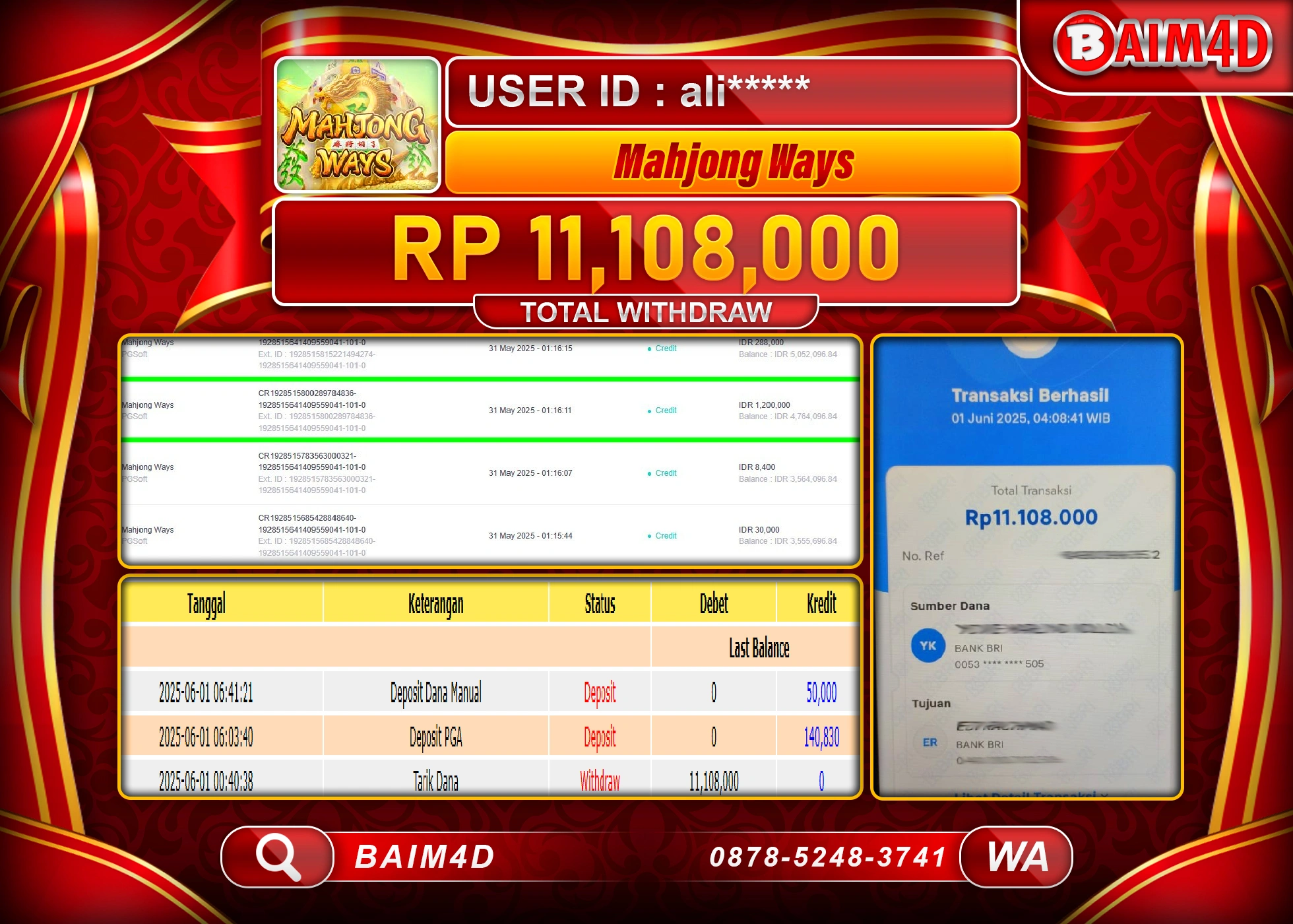 BAIM4D MENANG JACKPOT SLOT MAHJONG WAYS Rp11,800,000 - LUNAS