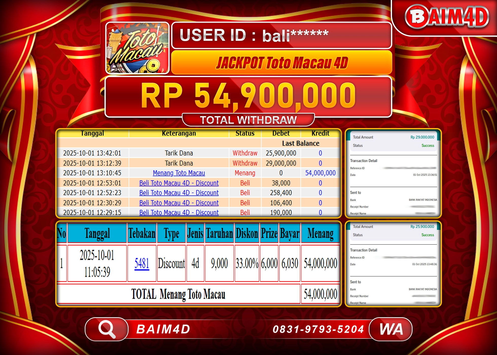 BAIM4D JACKPOT TOGEL TOTO MACAU 4D GAMES Rp.54,900,000.- LUNAS
