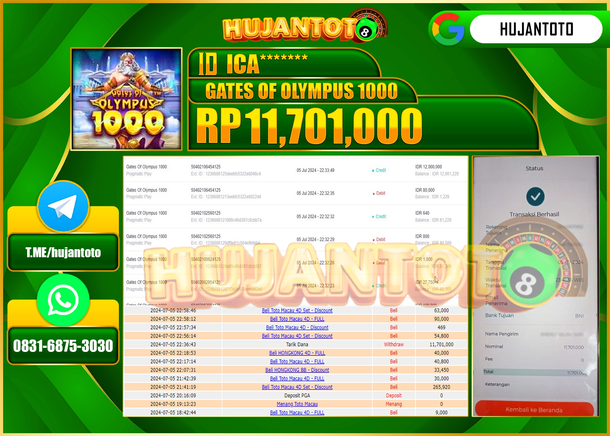 HUJANTOTO MENANG GATES OF OLYMPUS 1000, 11,701,000 - LUNAS 