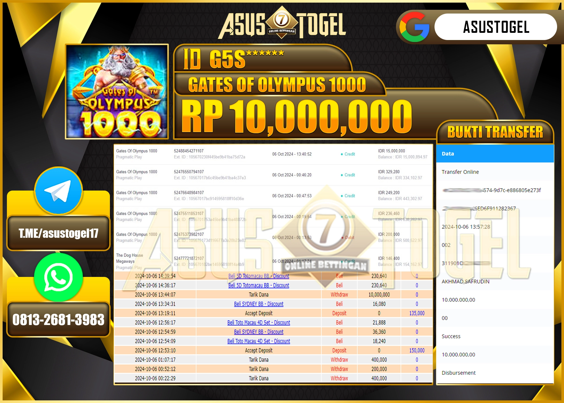 ASUSTOGEL KEMENANGAN  DI GAMES   GATES OF OLYMPUS 1000  SEBESAR 10,000,000- RUPIAH LUNAS