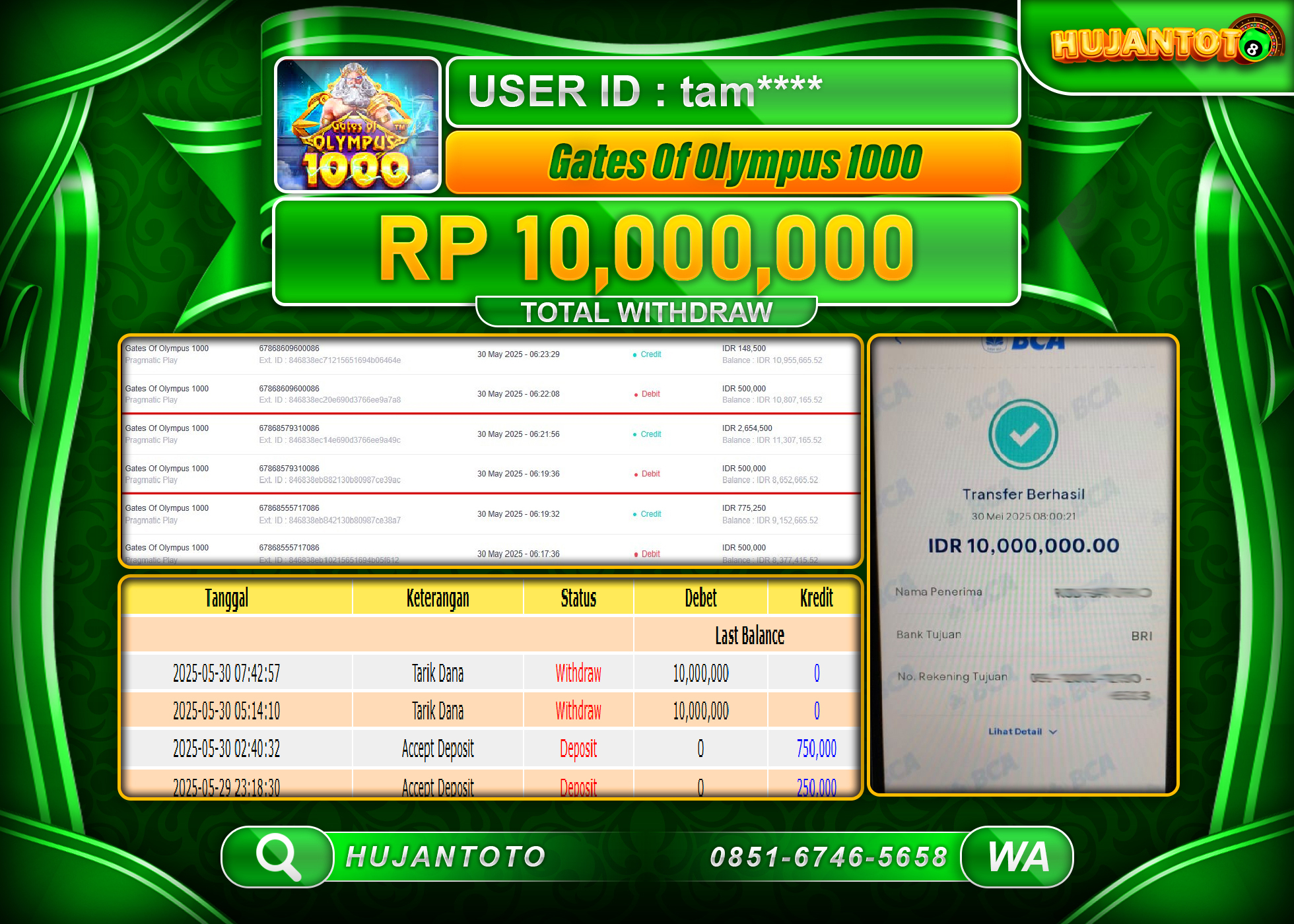  HUJANTOTO - BUKTI JACKPOT MENANG SLOT GATES OF OLYMPUS 1000 Rp.10,000,000 - TERBAYAR LUNAS