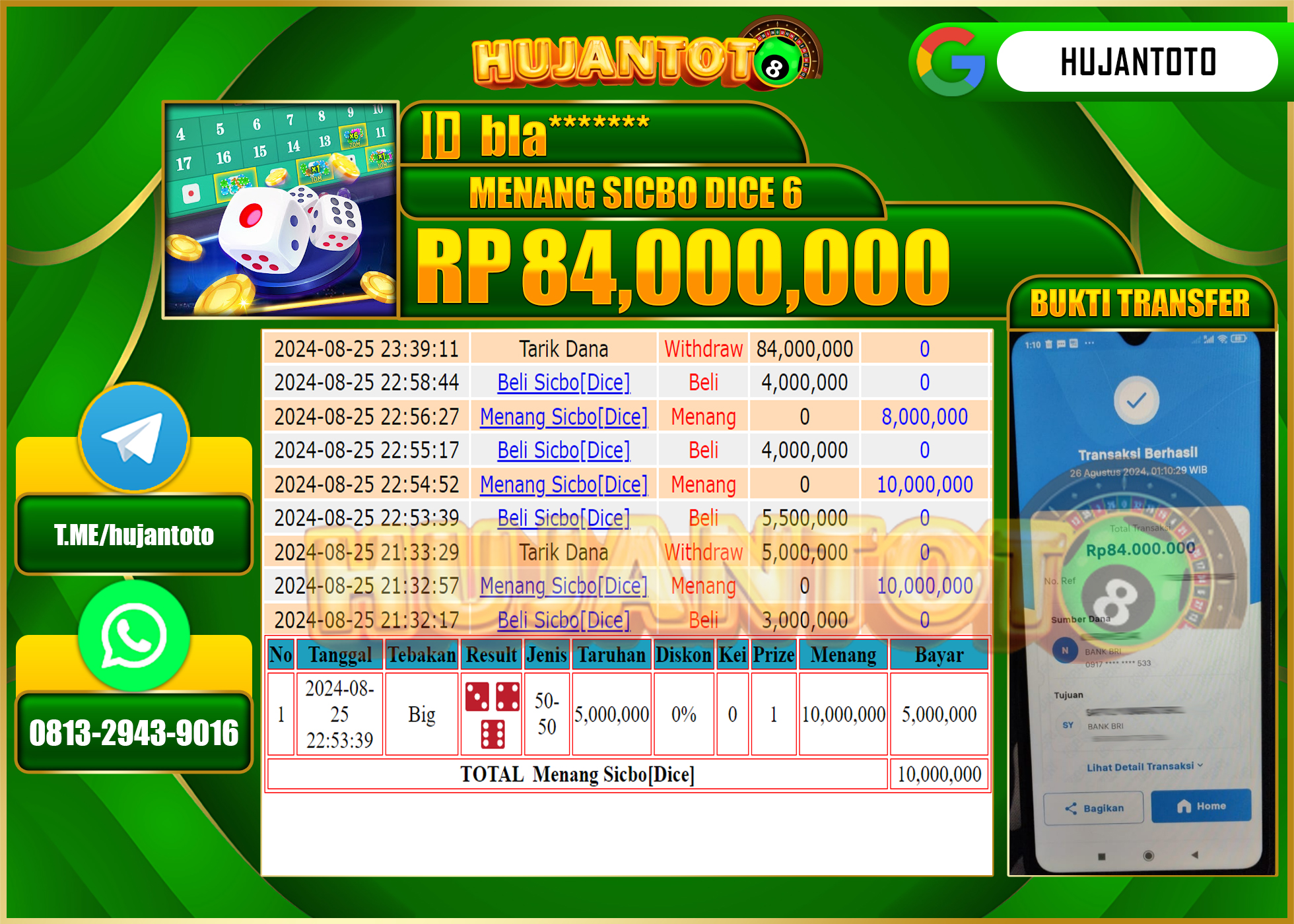 HUJANTOTO MENANG BESAR DI PERMAINAN LIVE GAME SICBO DICE 6 , 84.000.000 - LUNAS 