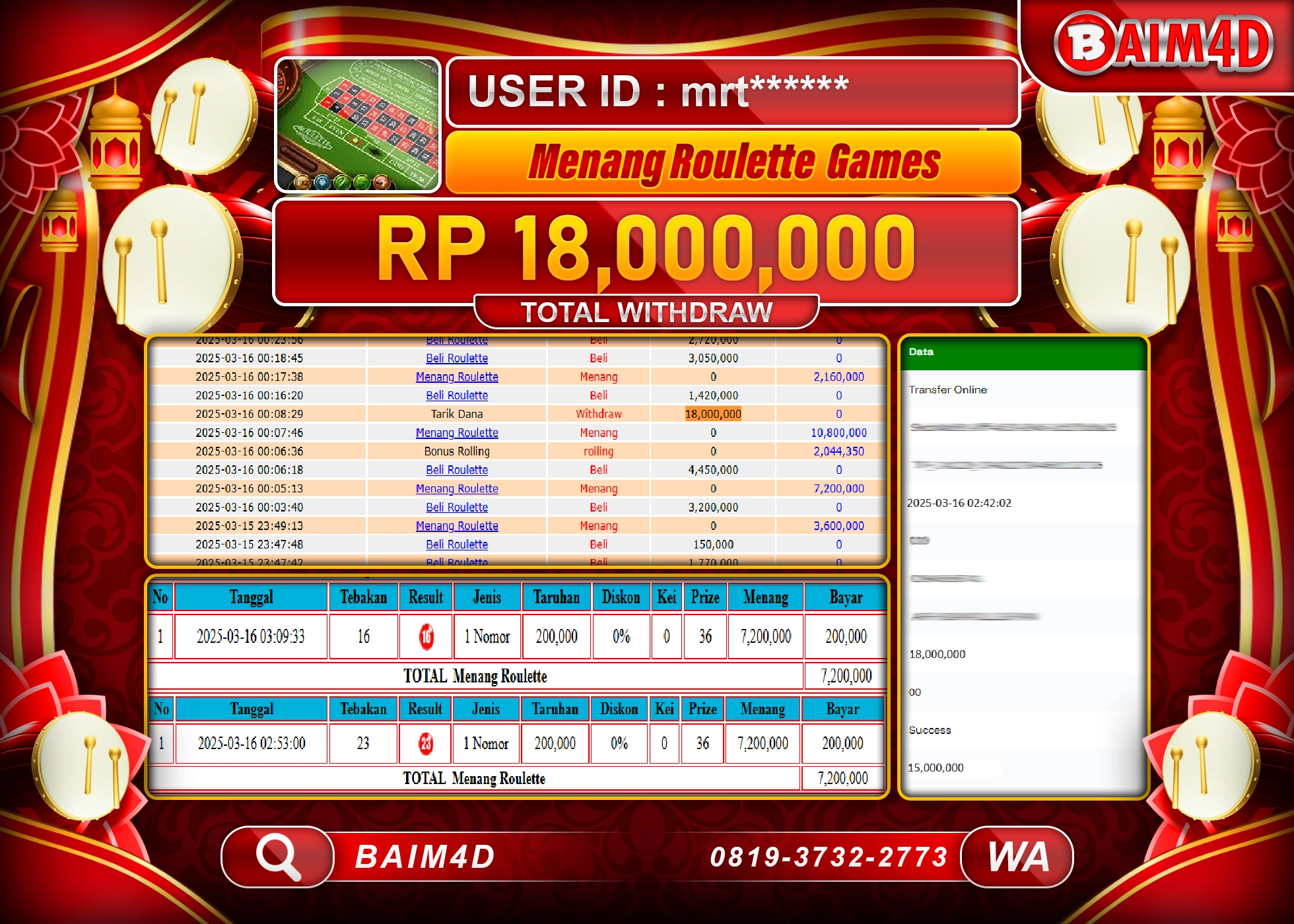 BAIM4D MENANG ROULETTE  GAMES Rp.18.000,000.- LUNAS