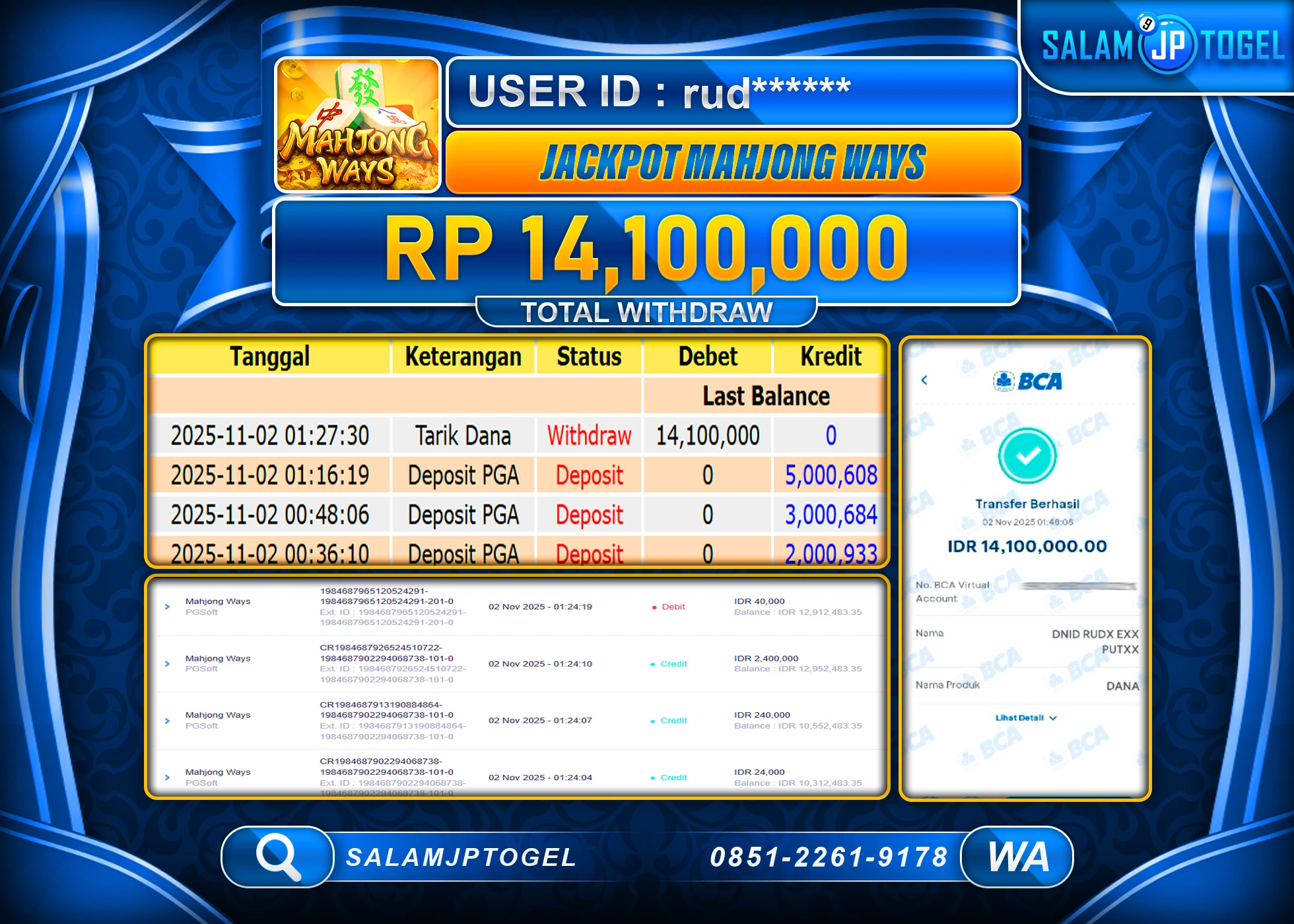 SALAMJPTOGEL MENANG MAHJONG WAYS PG SOFT Rp.14,100,000  - LUNAS