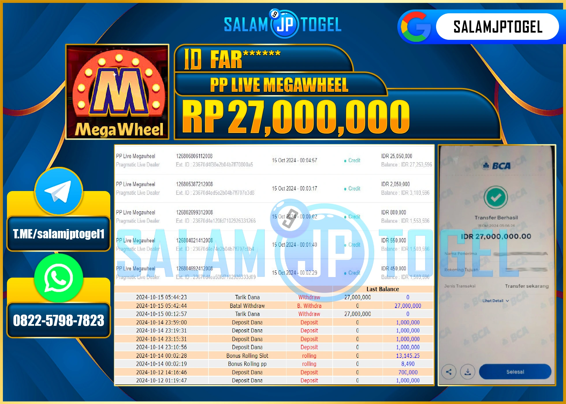 SALAMJPTOGEL MENANG PP LIVE MEGAWHEEL RP. 27,000,000 LUNAS