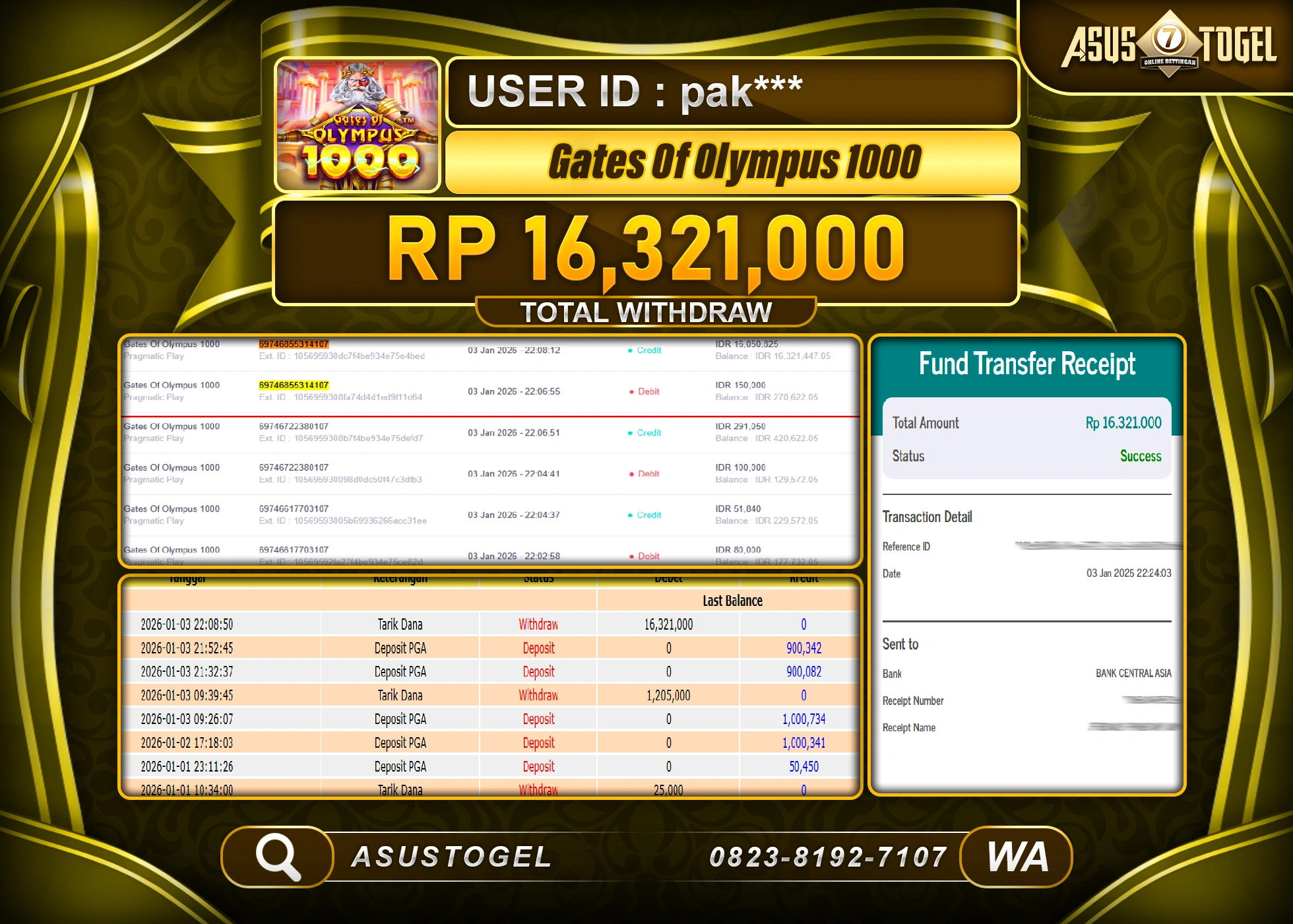 ASUSTOGEL KEMENANGAN DI SLOT GATES OF OLYMPUS 1000  SEBESAR 16,321,000 - RUPIAH LUNAS