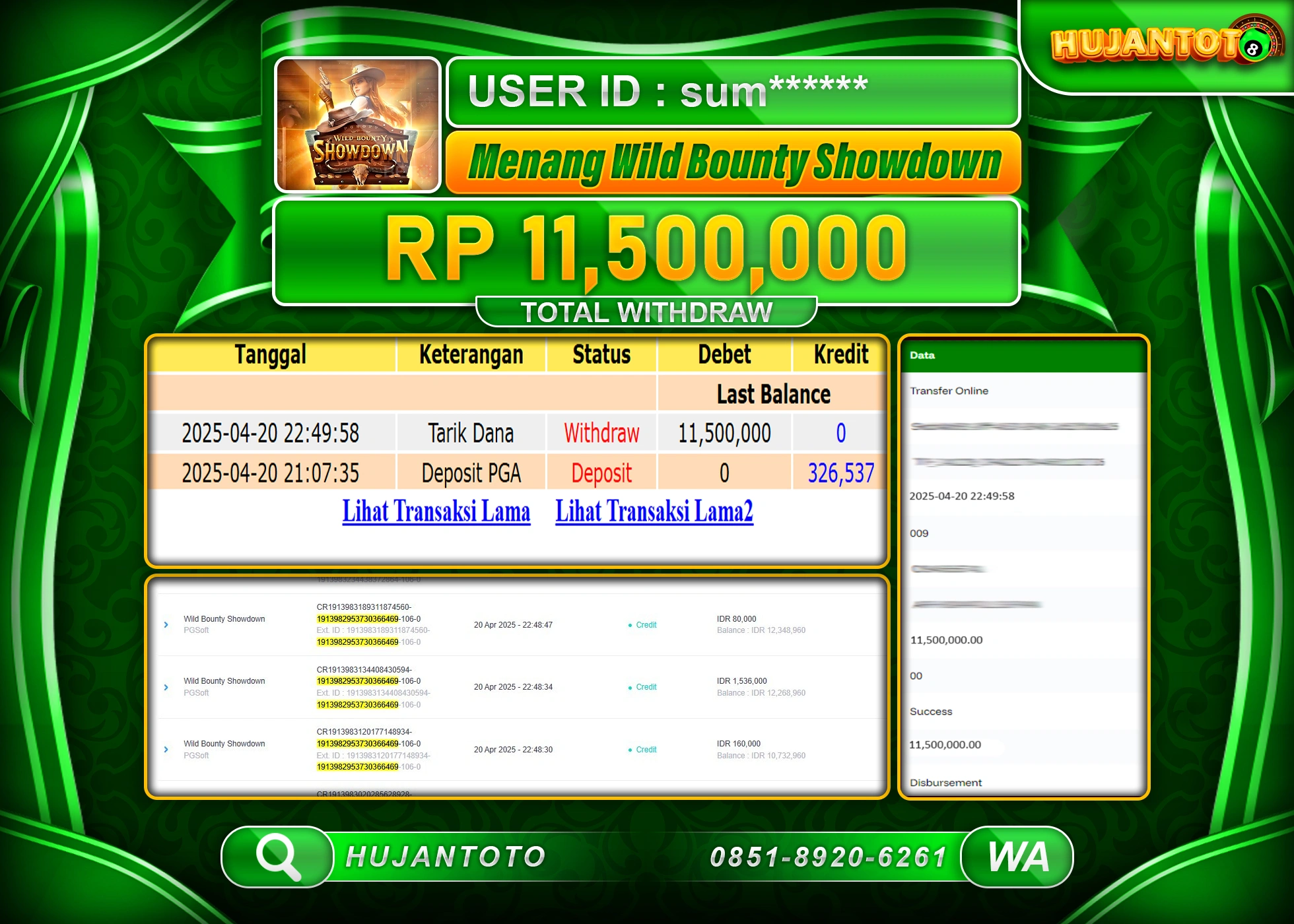 HUJANTOTO - BUKTI JACKPOT MENANG SLOT WILD BOUNTY SHOWDOWN Rp,11,500,000 - TERBAYAR LUNAS