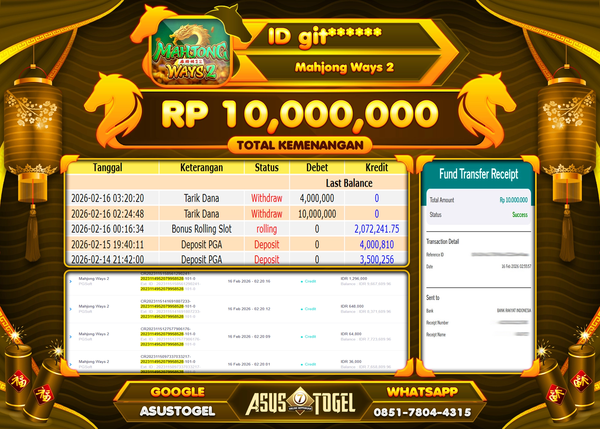 ASUSTOGEL KEMENANGAN DI SLOT MAHJONG WAYS 2 SEBESAR 10,000,000 - RUPIAH LUNAS