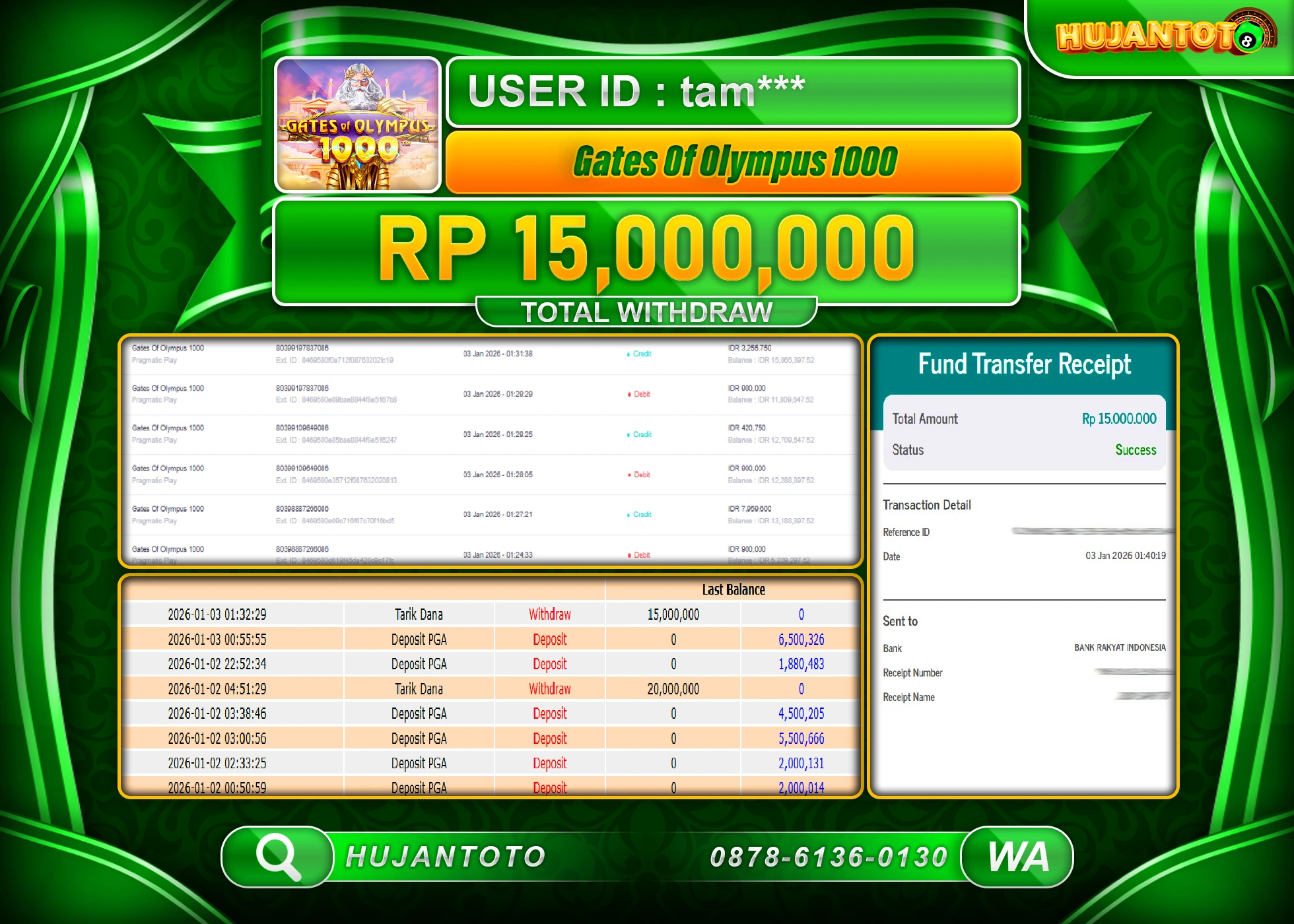 HUJANTOTO - BUKTI JACKPOT MENANG SLOT GATES OF OLYMPUS 1000 Rp.15,000,000 - TERBAYAR LUNAS