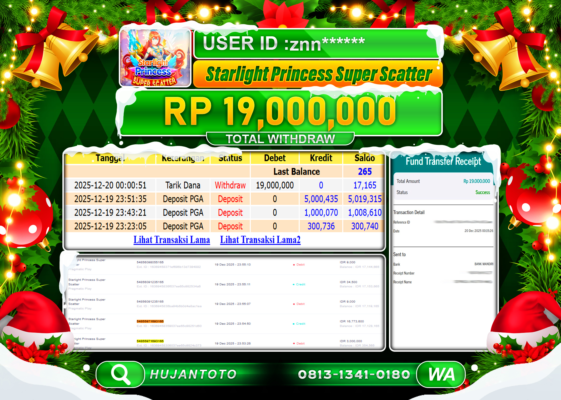 HUJANTOTO - BUKTI JACKPOT MENANG SLOT STARLIGHT PRINCESS SUPER SCATTER Rp.19,000,000 - TERBAYAR LUNAS