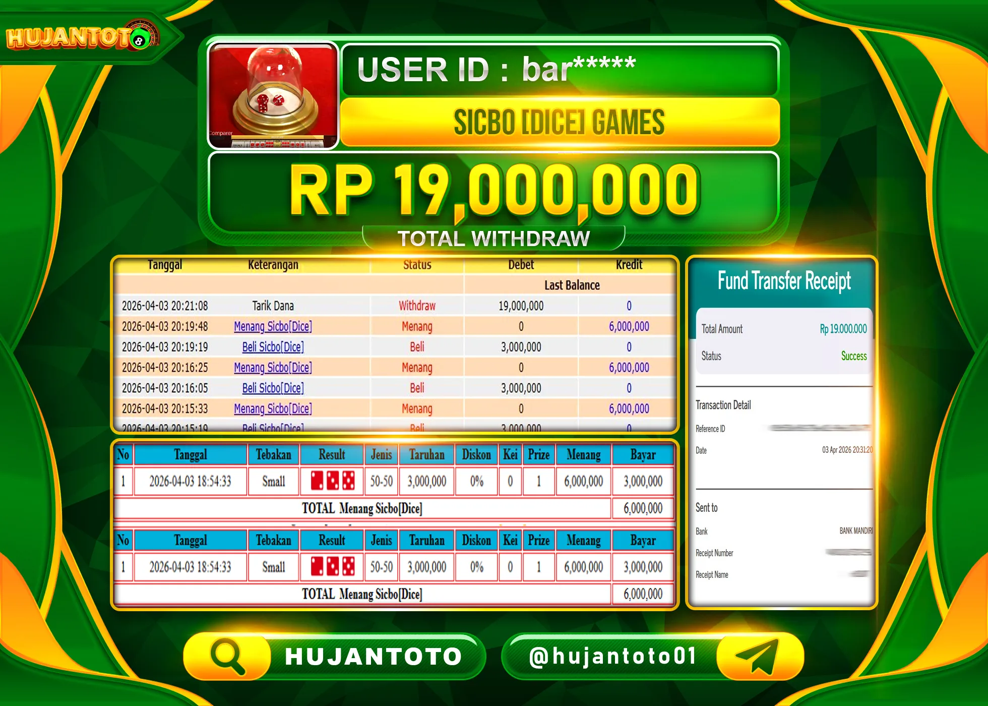 HUJANTOTO - BUKTI JACKPOT MENANG LIVEGAME SICBO DICE Rp.19,000,000 - TERBAYAR LUNAS