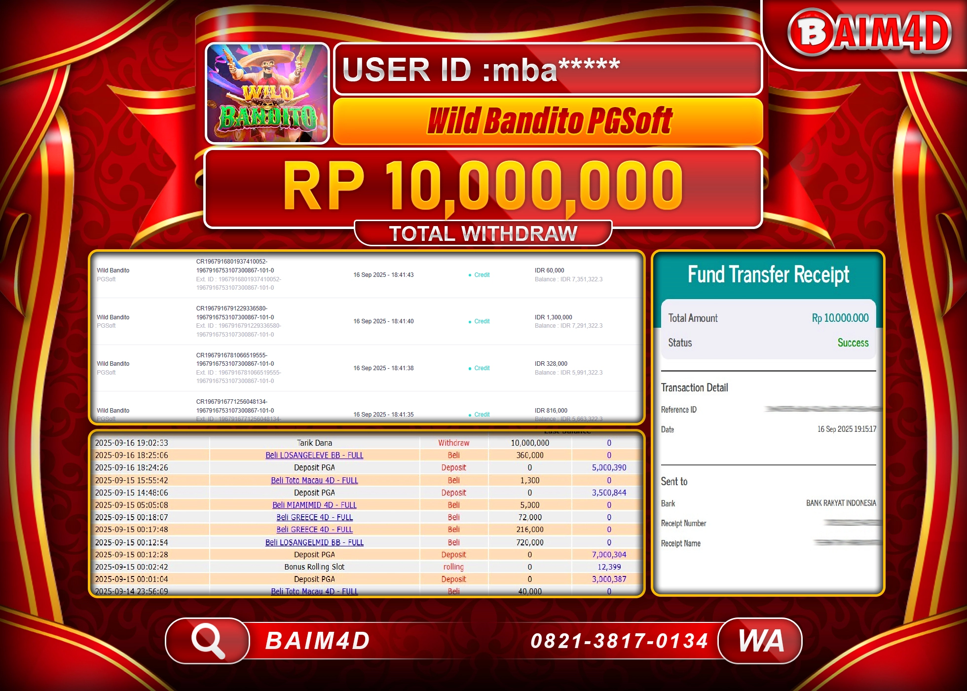 BAIM4D JACKPOT SLOT WILD BANDITO PGSOFT  Rp.10,000,000.- LUNAS