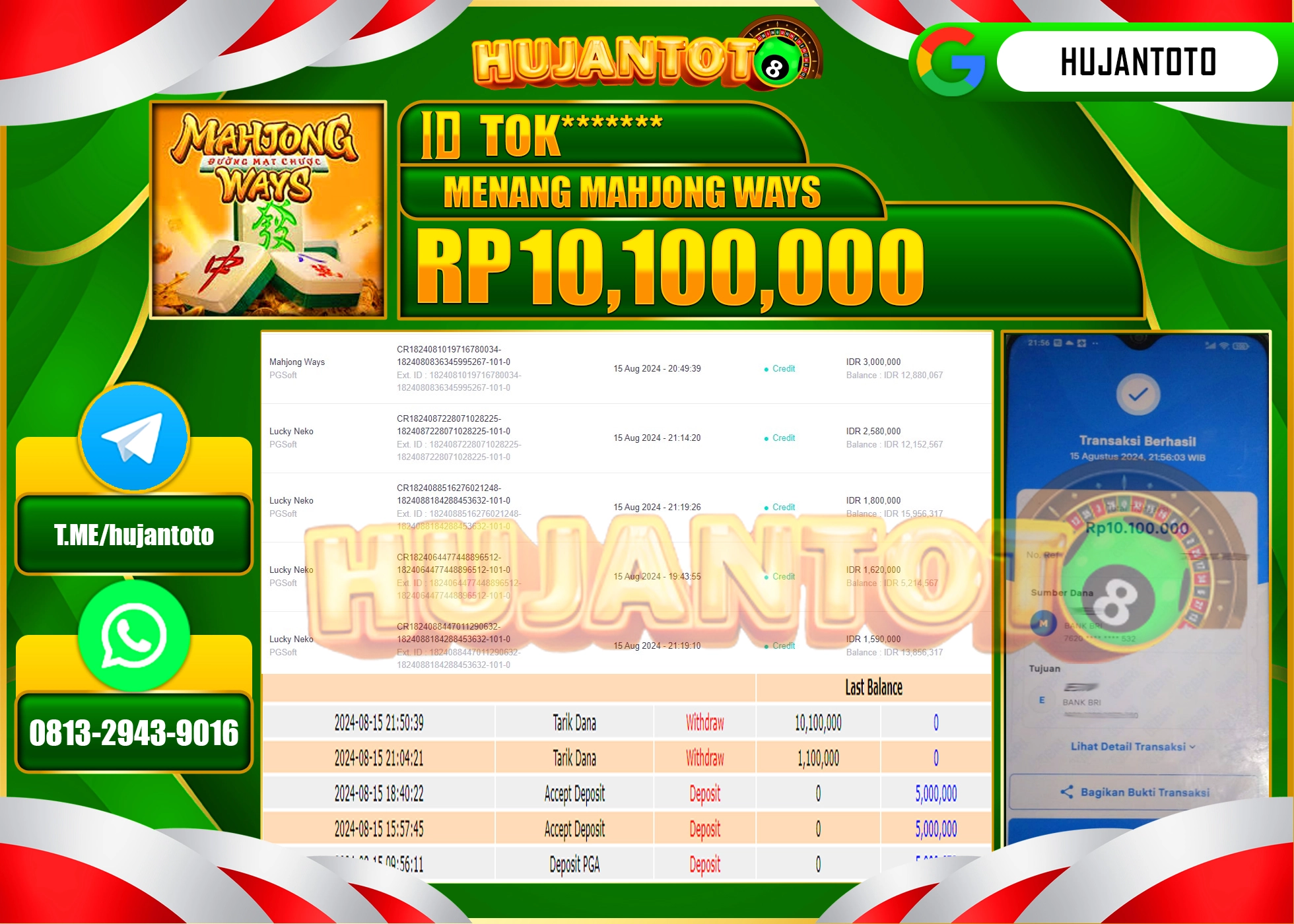 HUJANTOTO MENANG BESAR DI PERMAINAN SLOT MAHJONG WAYS 10.100.000  - LUNAS 