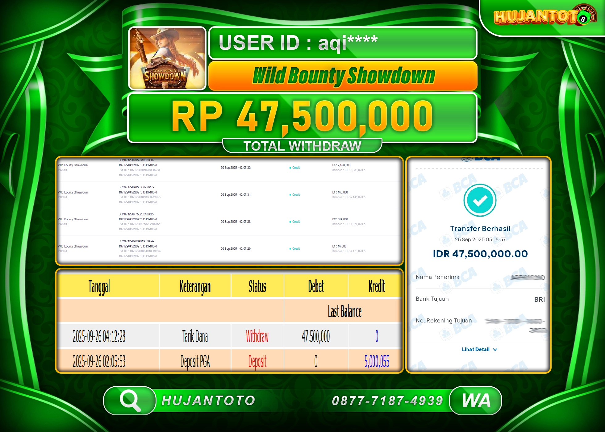 HUJANTOTO - BUKTI JACKPOT MENANG SLOT WILD BOUNTY SHOWDOWN  Rp.47,500,000 - TERBAYAR LUNAS
