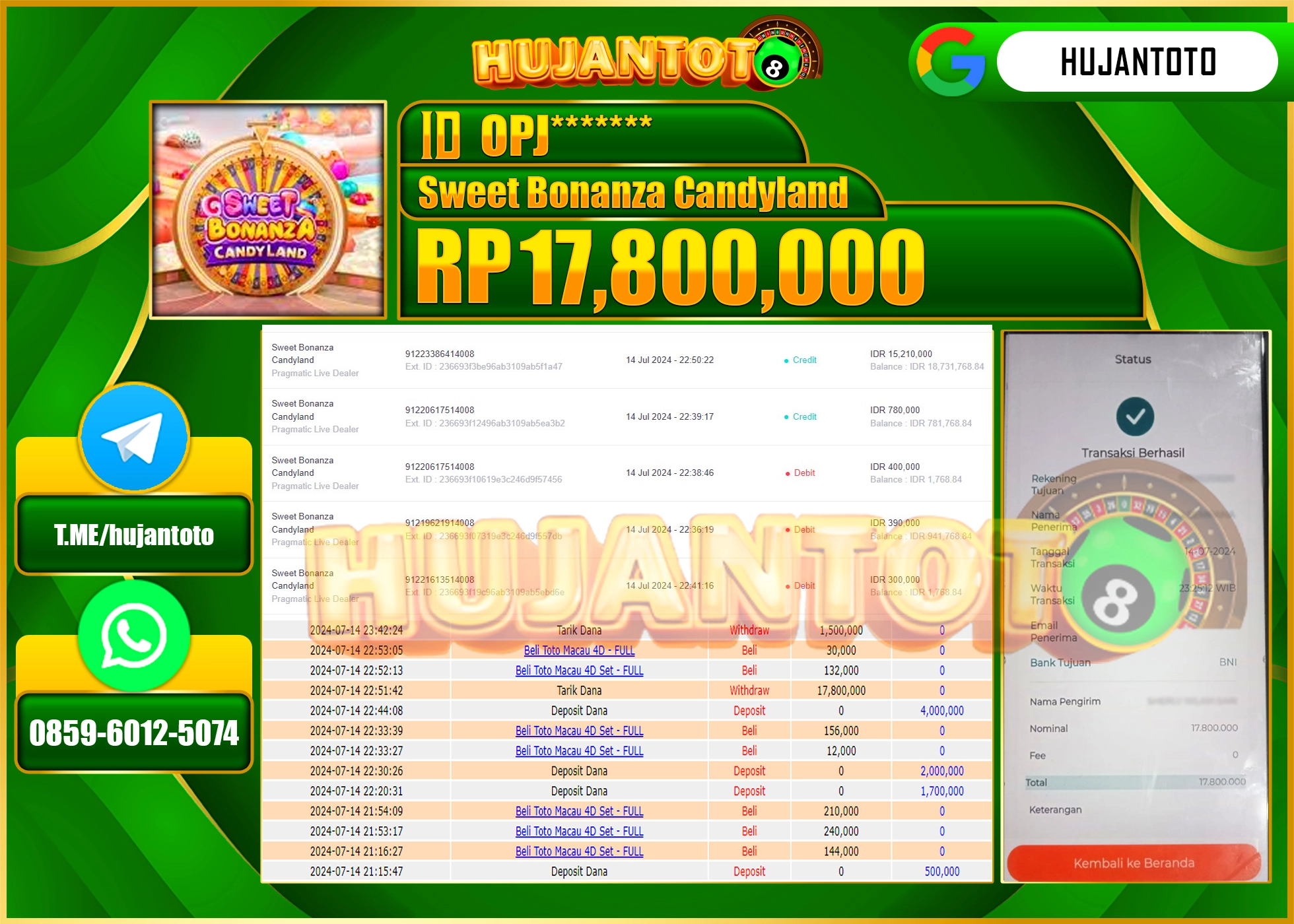 HUJANTOTO MENANG LIVE CASINO SWEET BONANZA CANDYLAND 17.800.000 - LUNAS 