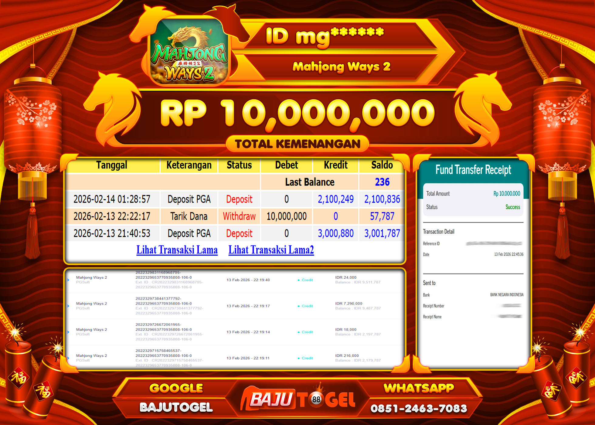 BAJUTOGEL KEMENANGAN JACKPOT DI SLOT PGSOFT MAHJONG WAYS 2 Rp.10,000,000 LUNAS