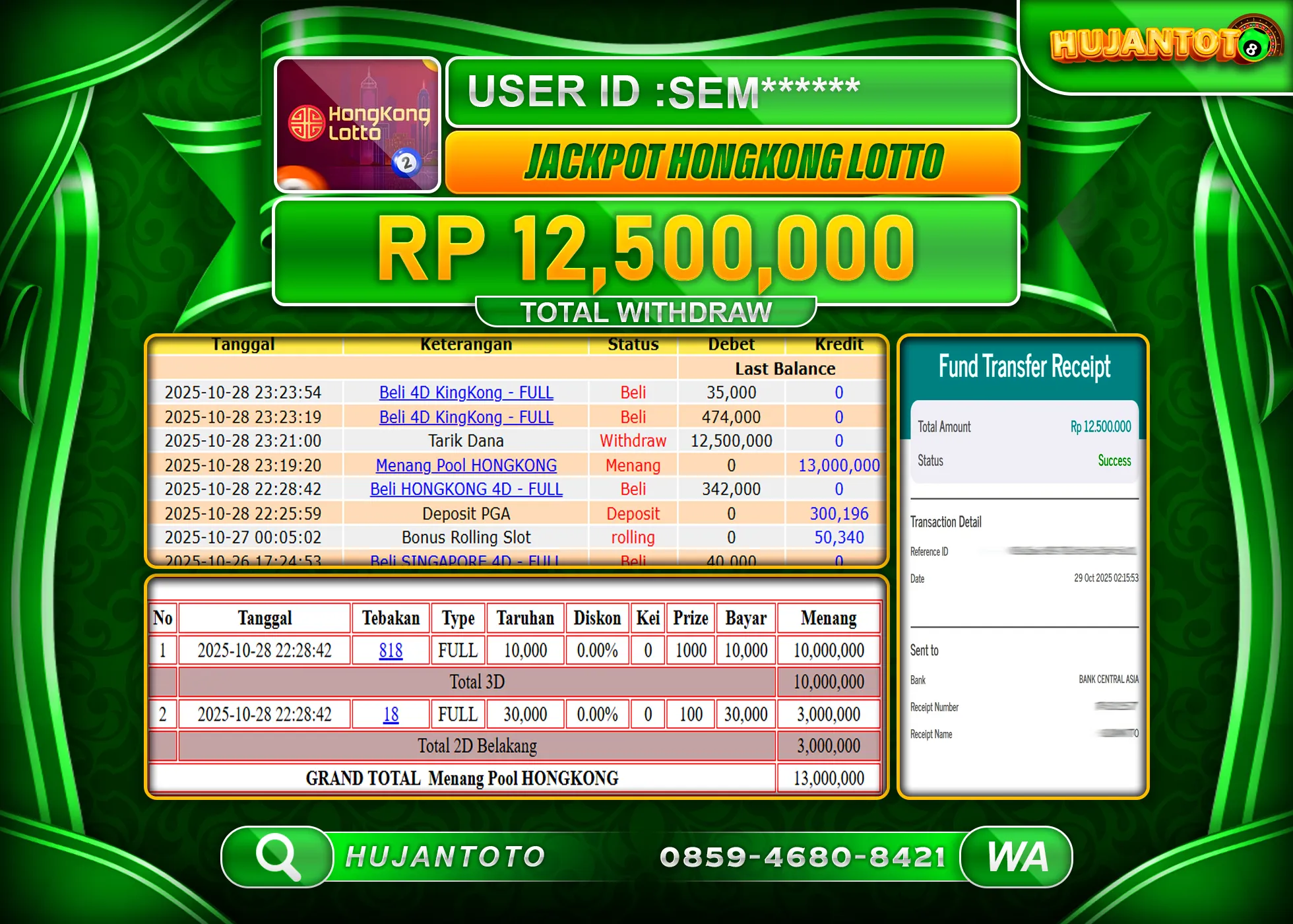 HUJANTOTO - BUKTI JACKPOT MENANG TOGEL HONGKONG LOTTO Rp.12,500,000 - TERBAYAR LUNAS