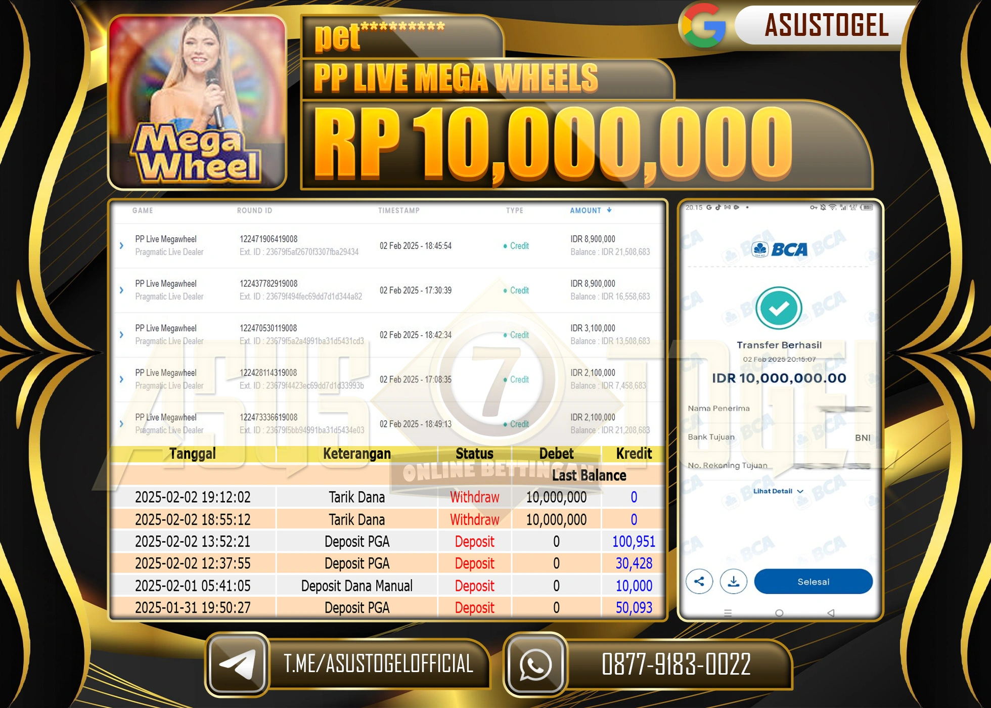 ASUSTOGEL KEMENANGAN DI PP LIVE MEGA WHEELS  SEBESAR 10,000,000 - RUPIAH LUNAS