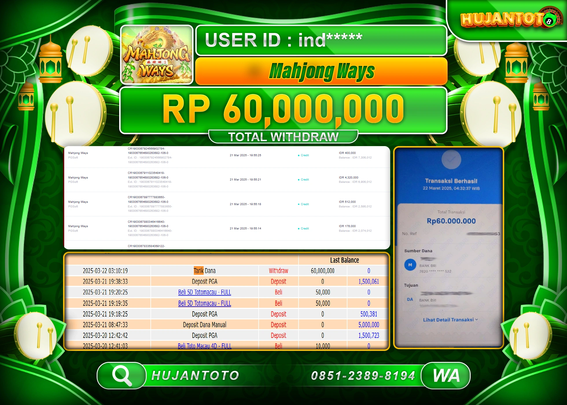 HUJANTOTO - BUKTI JACKPOT MENANG SLOT MAHJONG WAYS Rp,60,000,000 - TERBAYAR LUNAS